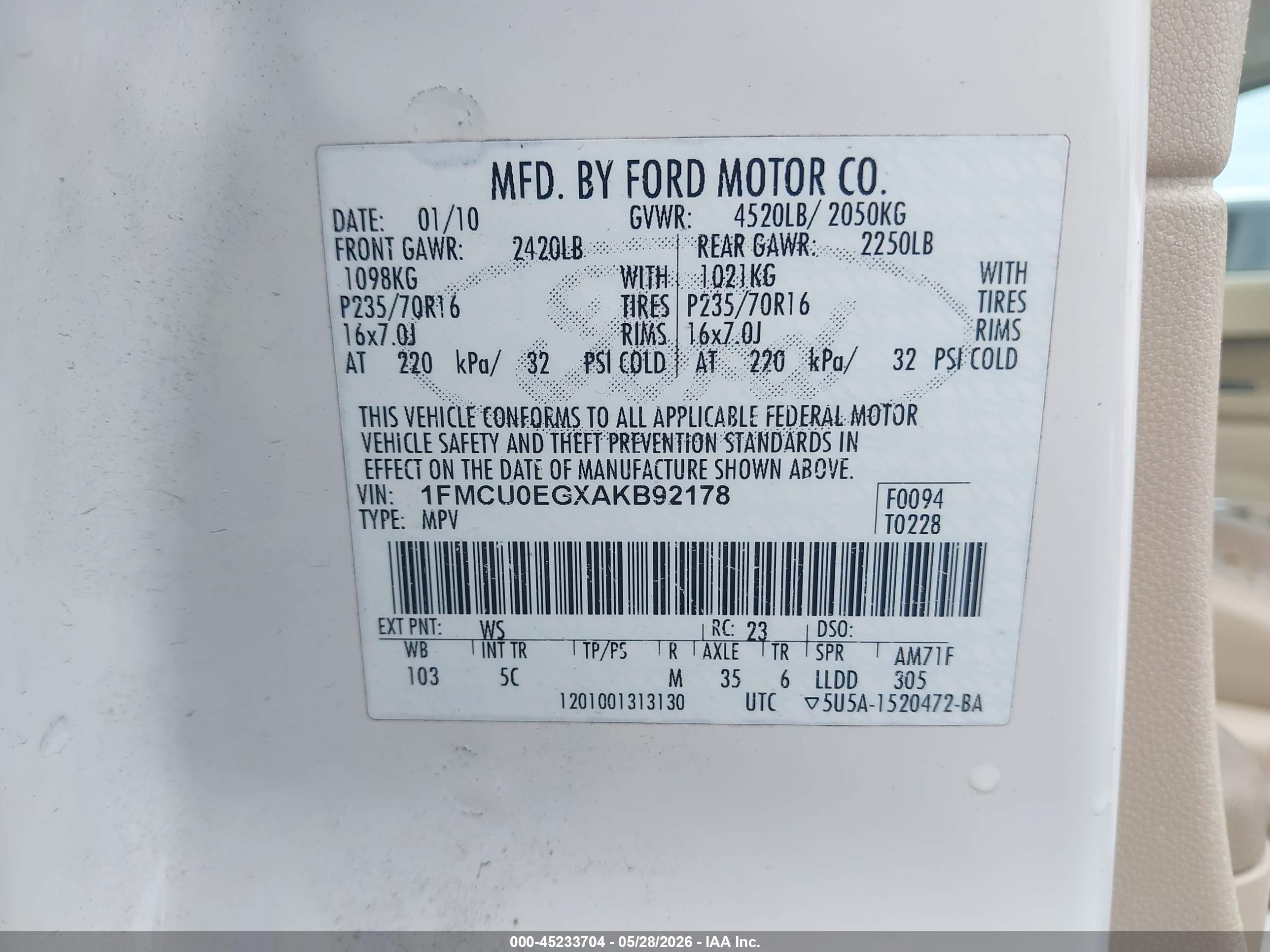 2010 Ford Escape Limited Белый vin: 1FMCU0EGXAKB92178