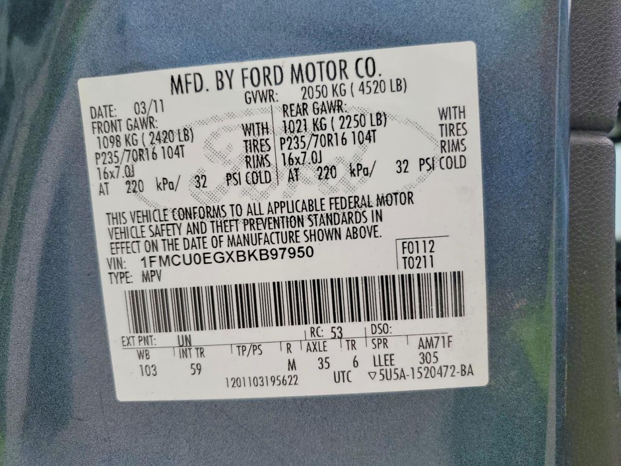 2011 Ford Escape Limited Blue vin: 1FMCU0EGXBKB97950