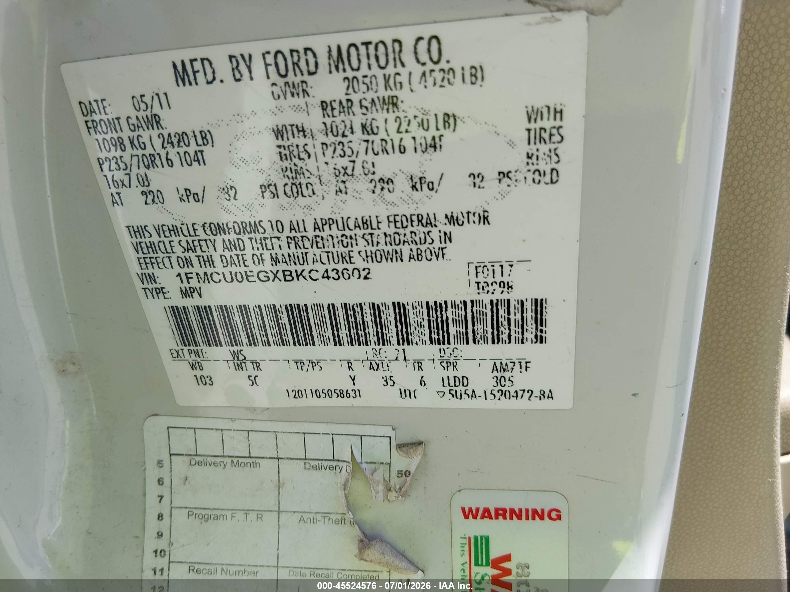 2011 Ford Escape Limited White vin: 1FMCU0EGXBKC43602