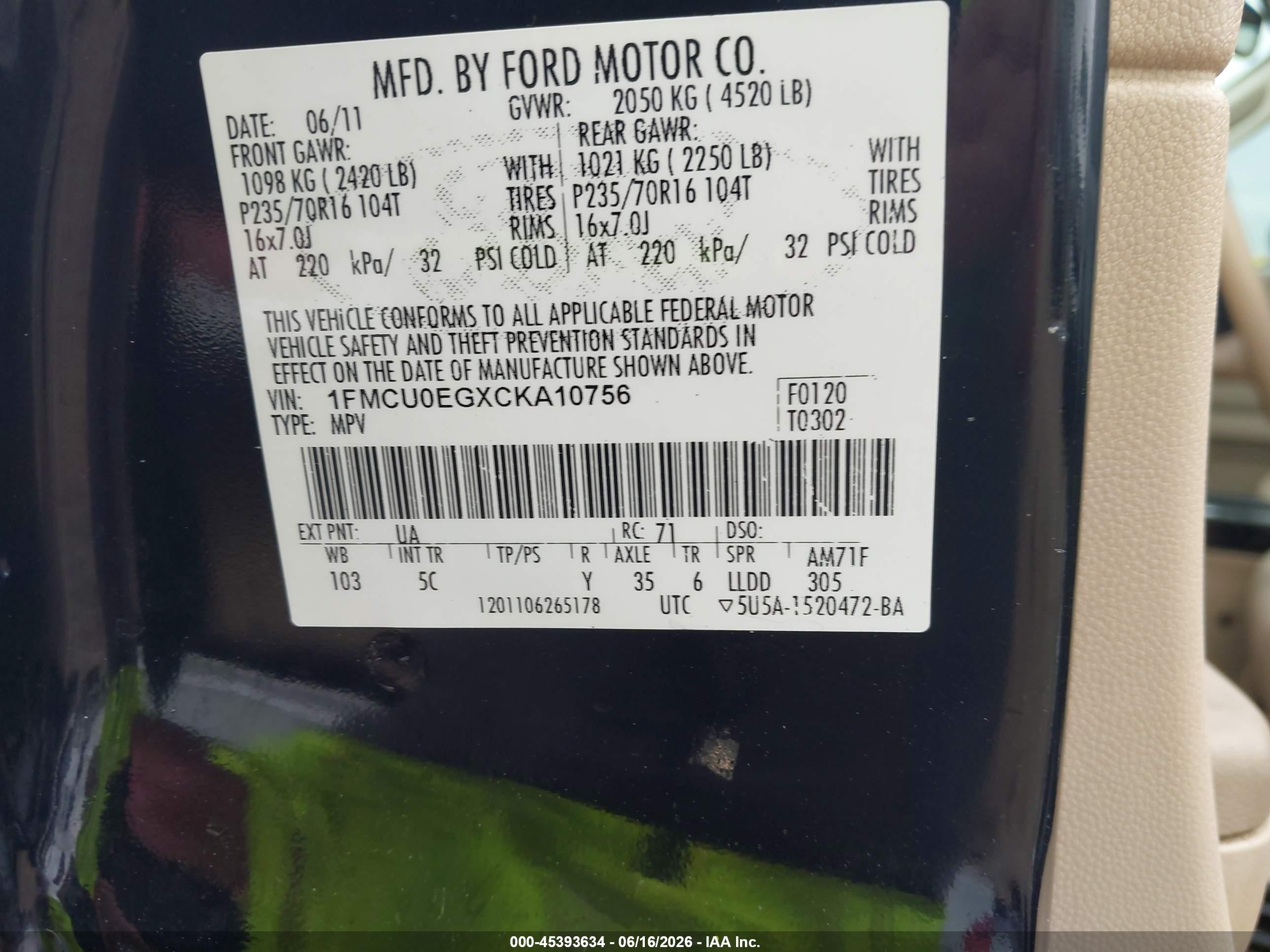 2012 Ford Escape Limited Black vin: 1FMCU0EGXCKA10756