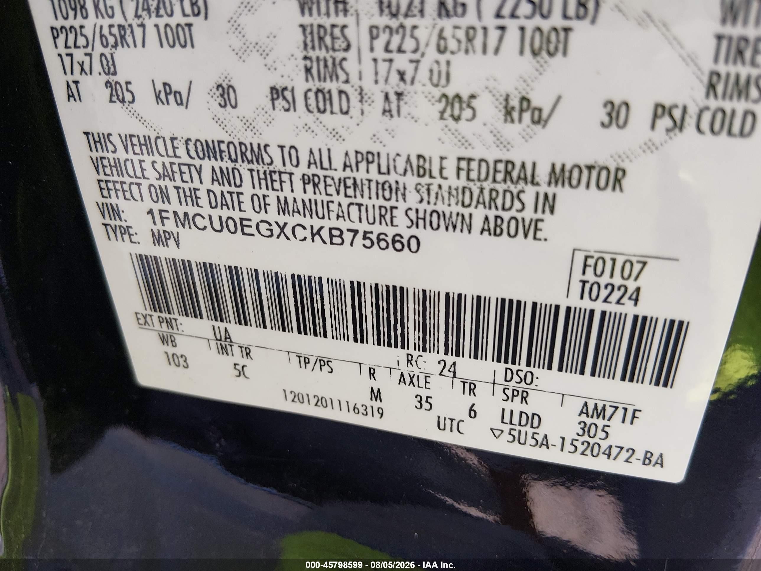 2012 Ford Escape Limited Black vin: 1FMCU0EGXCKB75660
