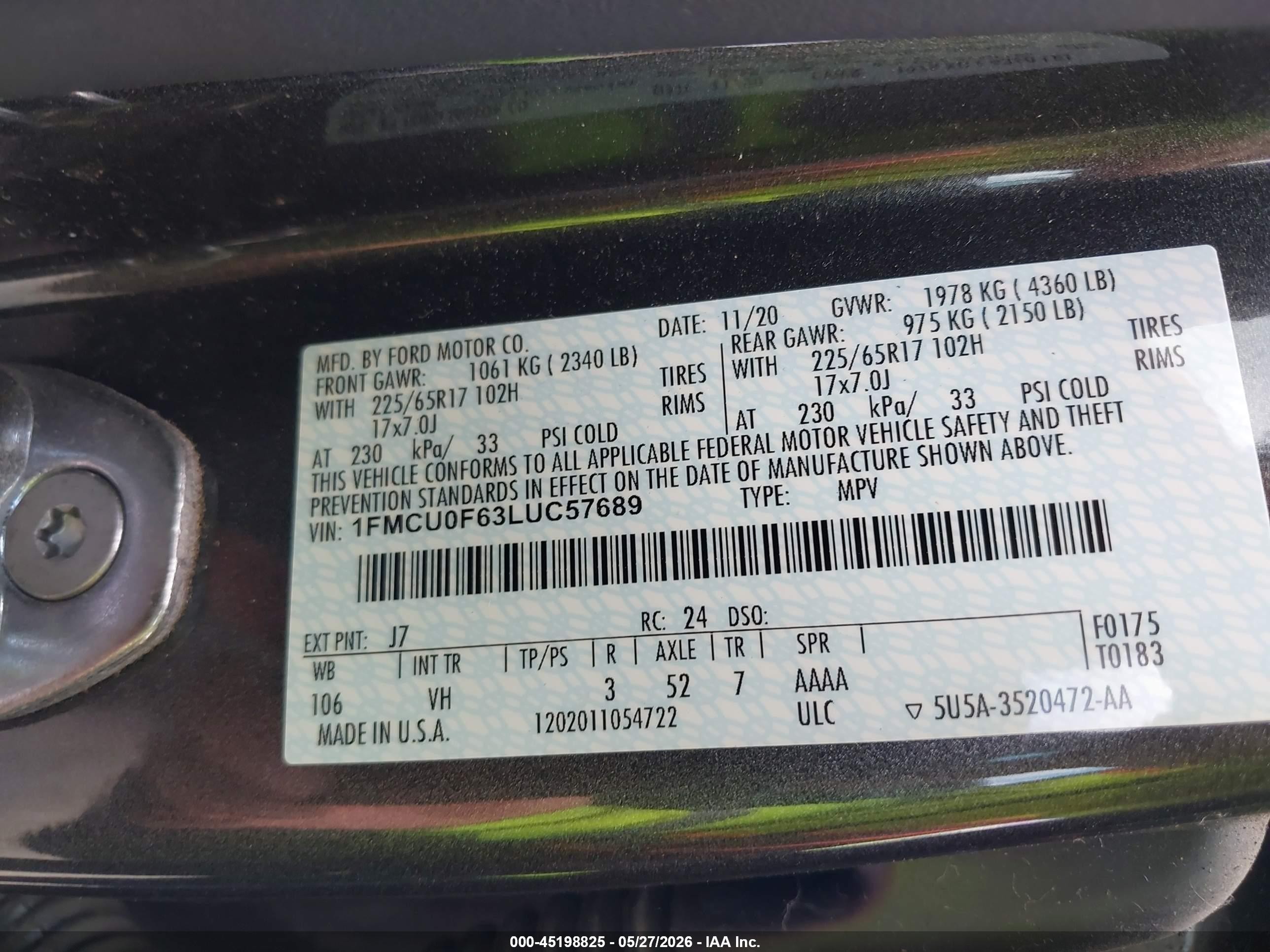2020 Ford Escape S Серый vin: 1FMCU0F63LUC57689
