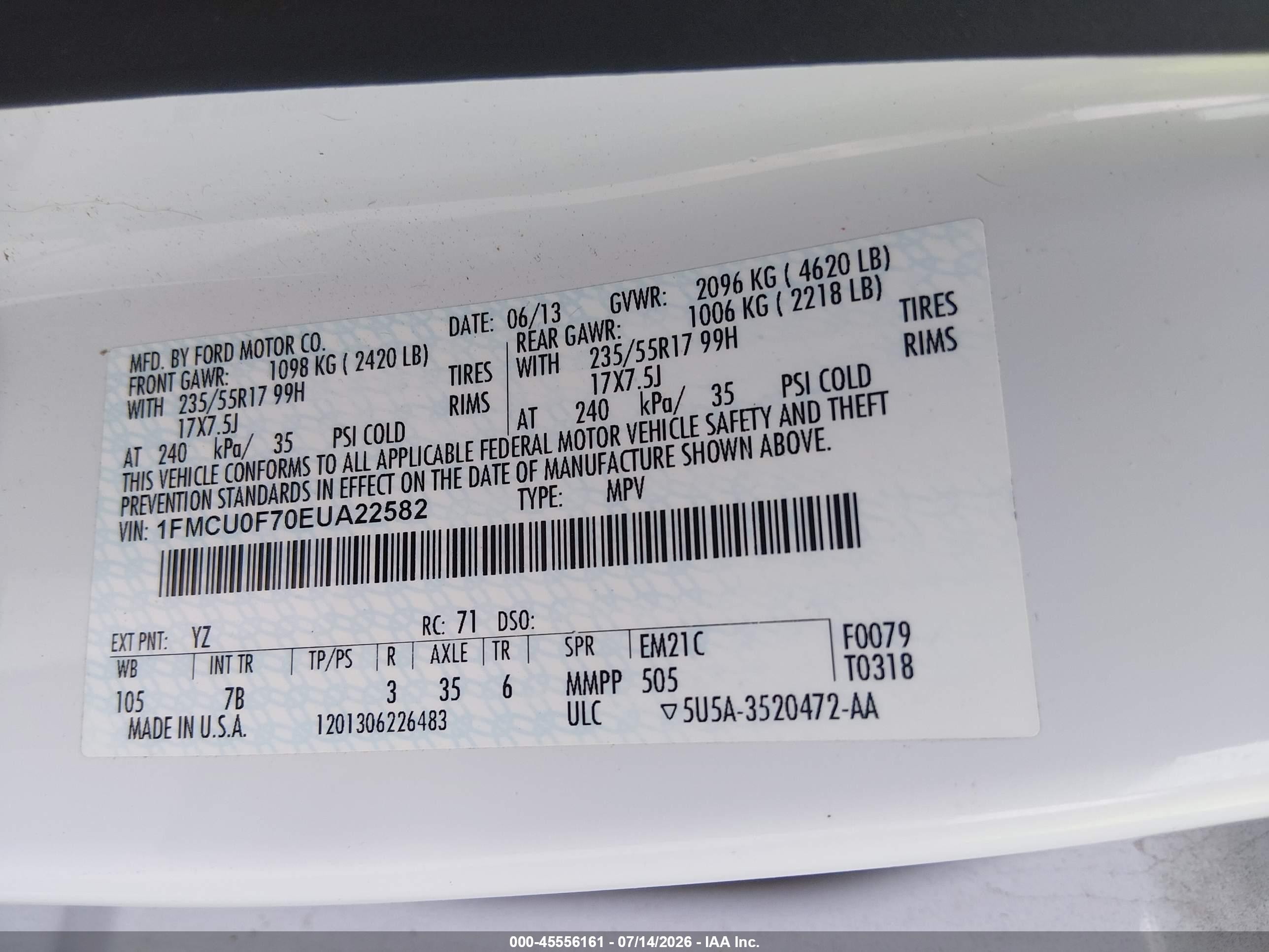 2014 Ford Escape S White vin: 1FMCU0F70EUA22582