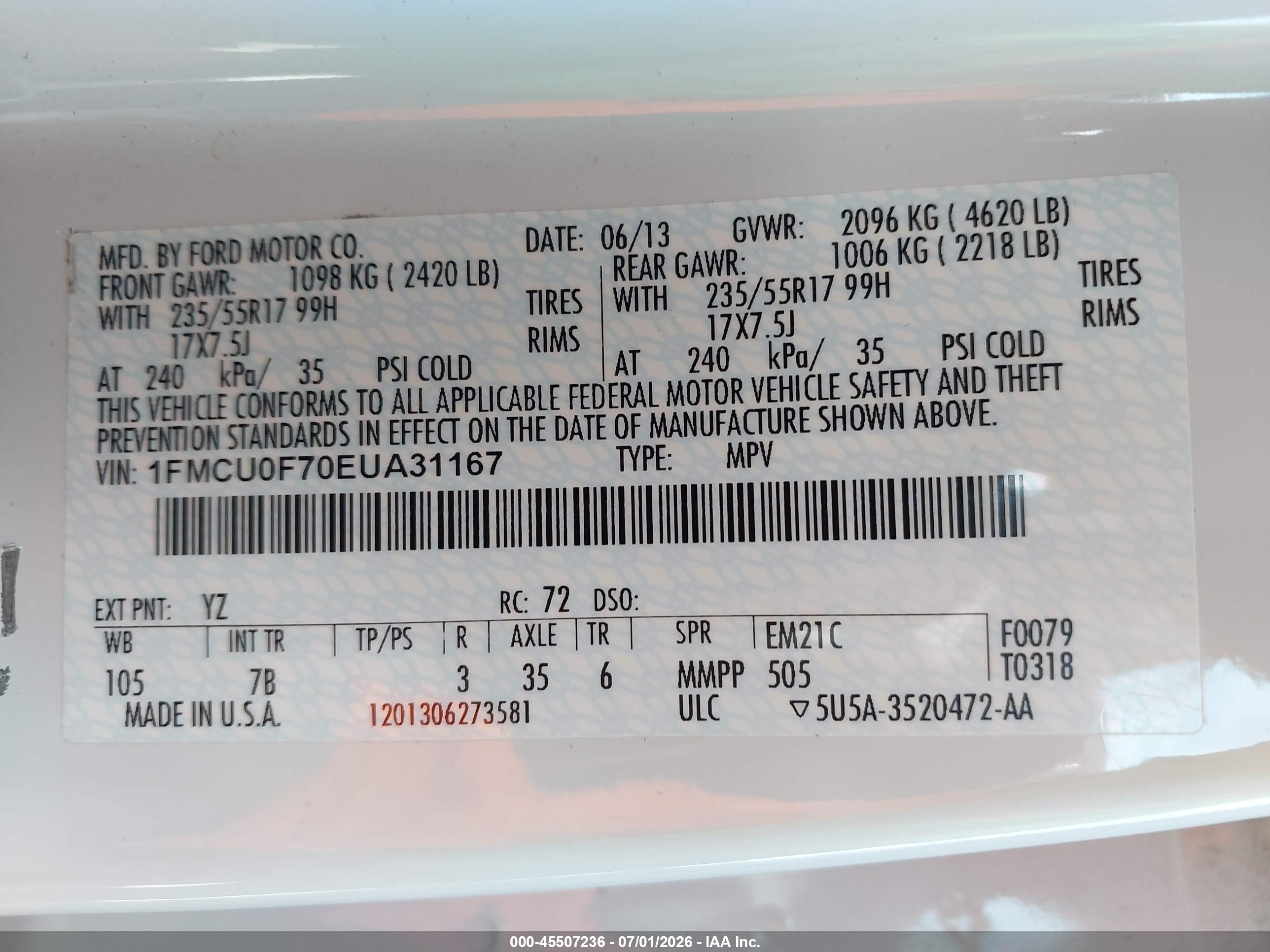 2014 Ford Escape S White vin: 1FMCU0F70EUA31167