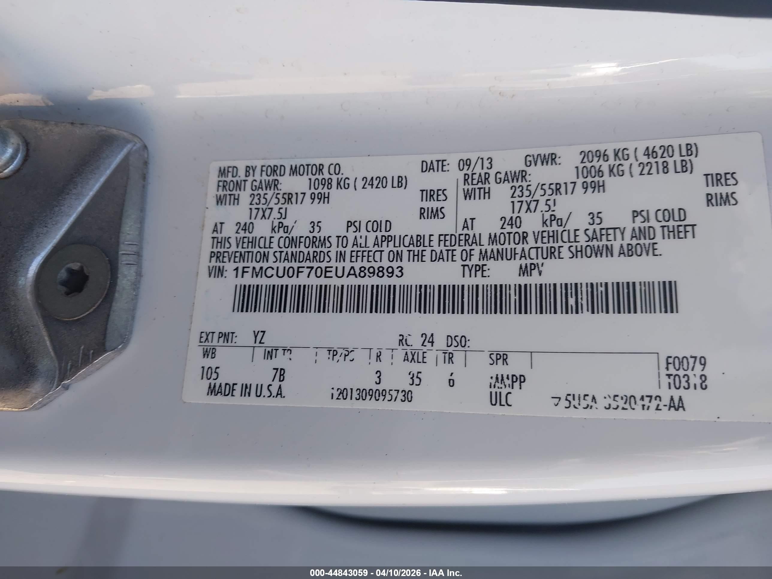 2014 Ford Escape S White vin: 1FMCU0F70EUA89893