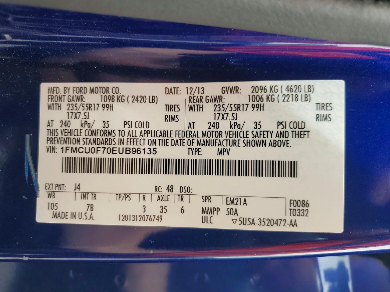 2014 Ford Escape S Синий vin: 1FMCU0F70EUB96135