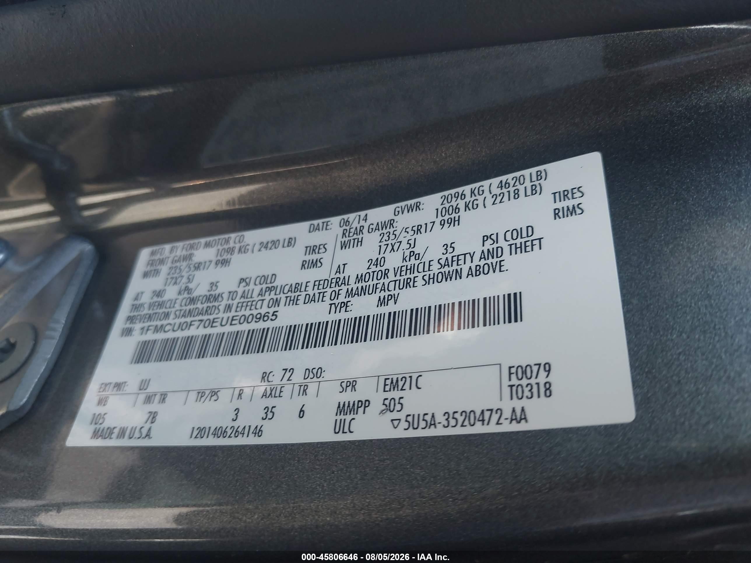2014 Ford Escape S Gray vin: 1FMCU0F70EUE00965