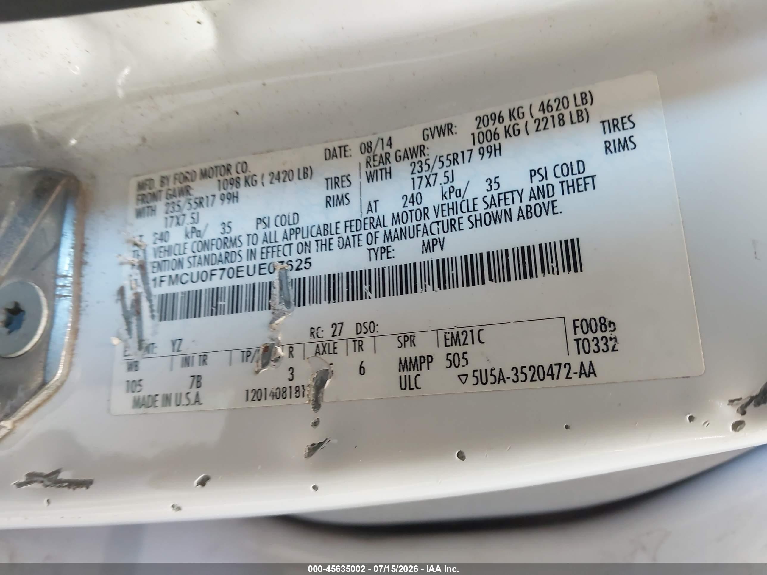 2014 Ford Escape S Белый vin: 1FMCU0F70EUE07625
