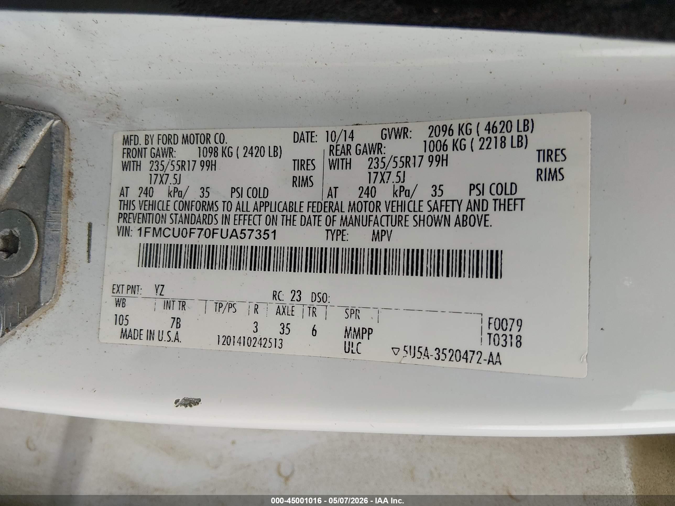 2015 Ford Escape S White vin: 1FMCU0F70FUA57351