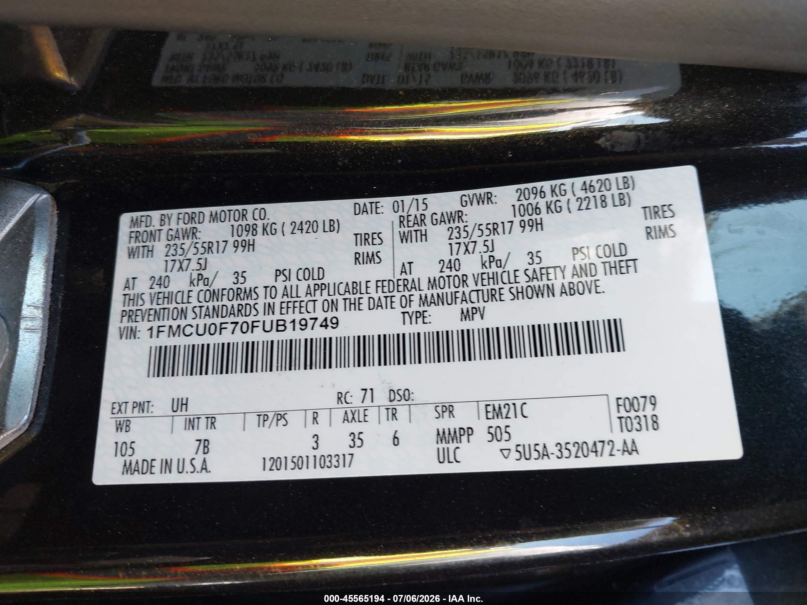 2015 Ford Escape S Black vin: 1FMCU0F70FUB19749