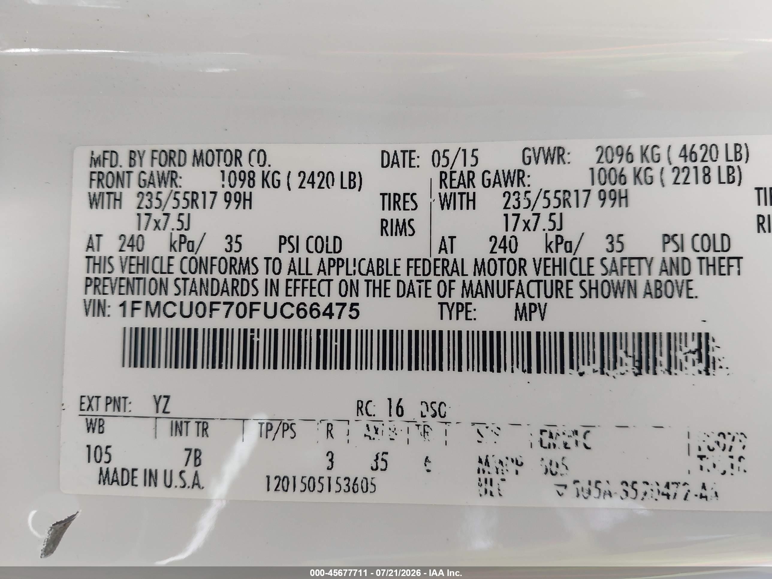 2015 Ford Escape S White vin: 1FMCU0F70FUC66475