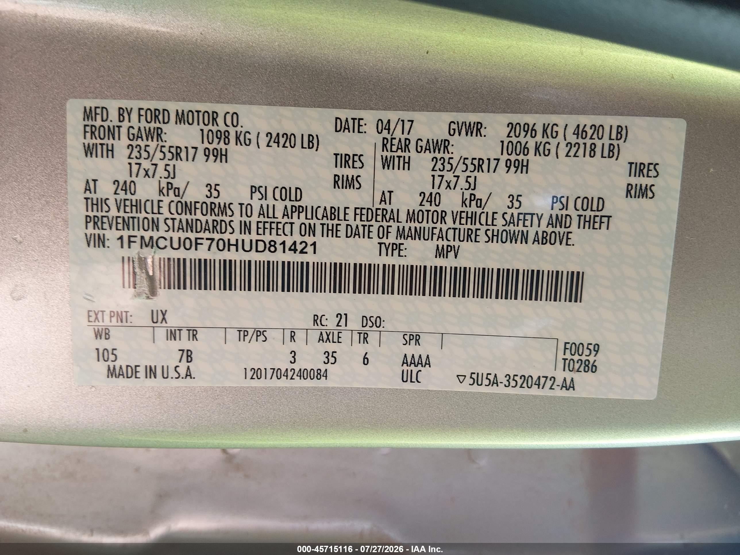 2017 Ford Escape S Silver vin: 1FMCU0F70HUD81421