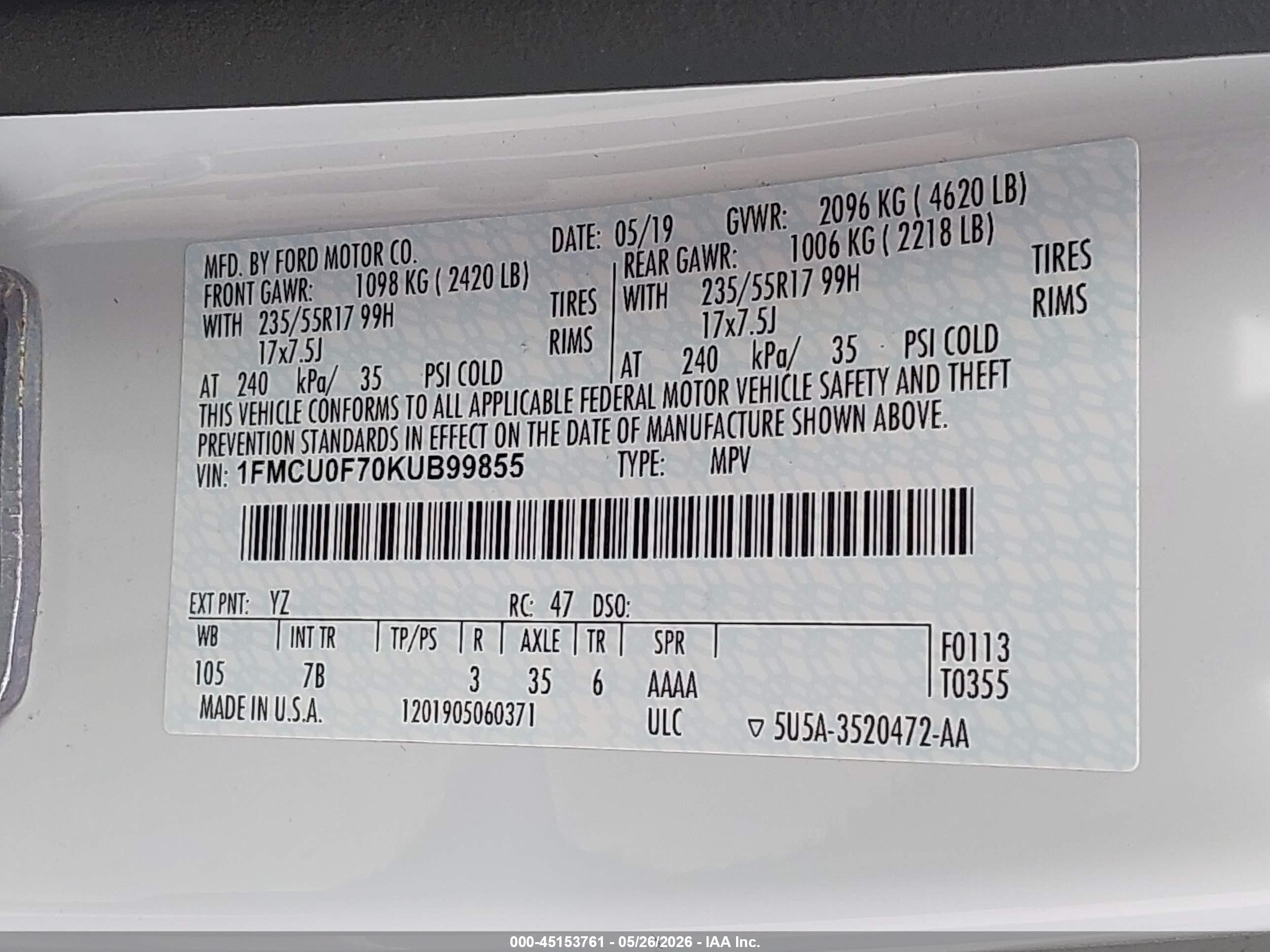 2019 Ford Escape S Белый vin: 1FMCU0F70KUB99855