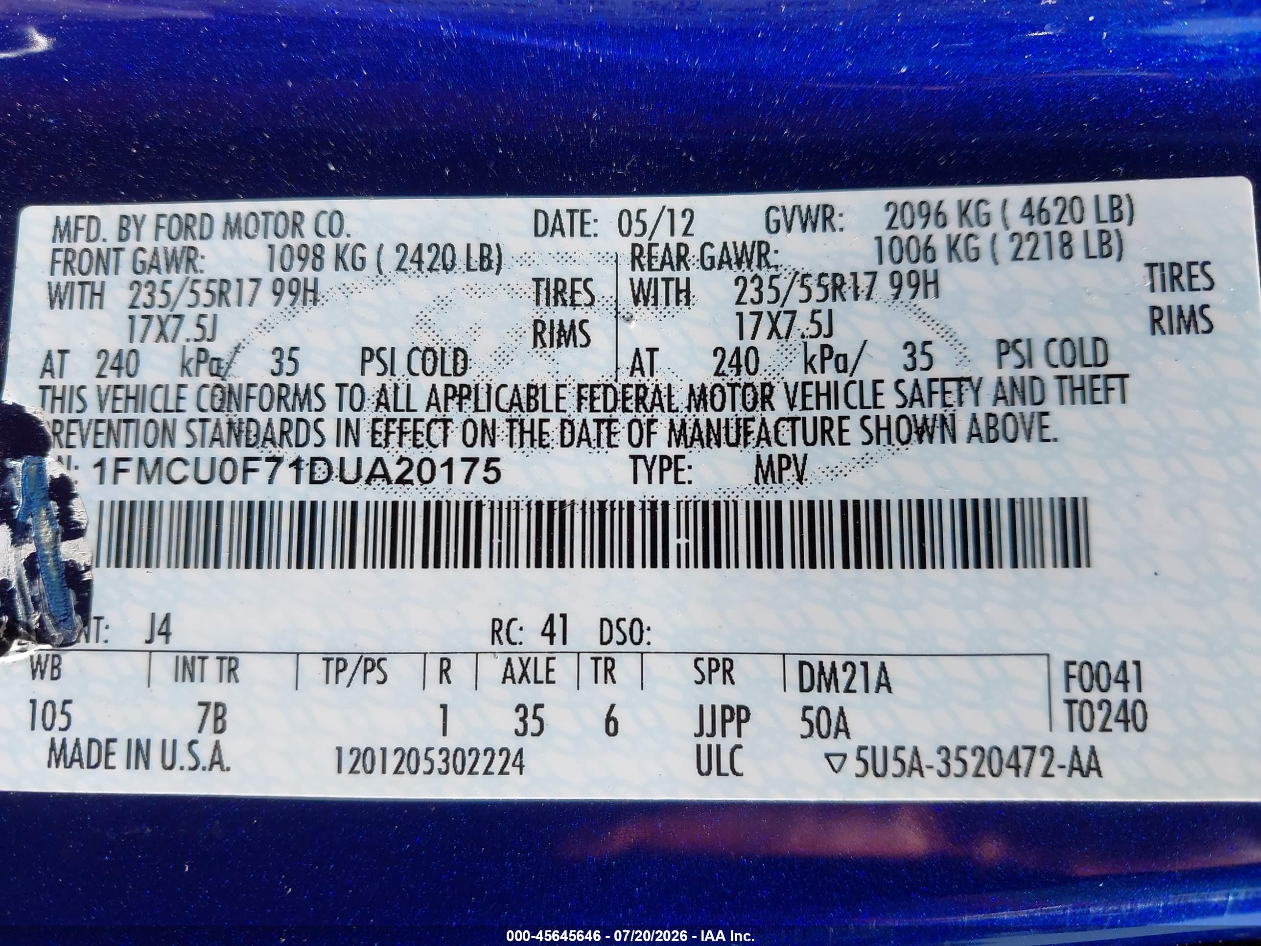 2013 Ford Escape S Blue vin: 1FMCU0F71DUA20175