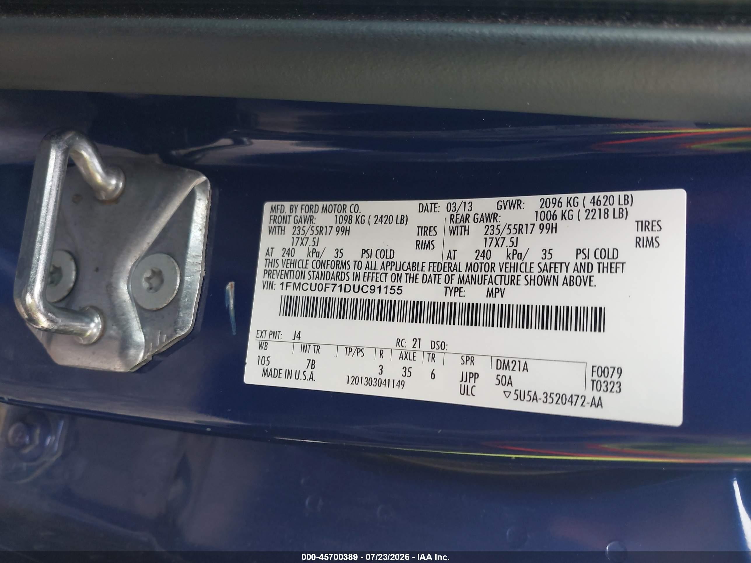 2013 Ford Escape S Blue vin: 1FMCU0F71DUC91155