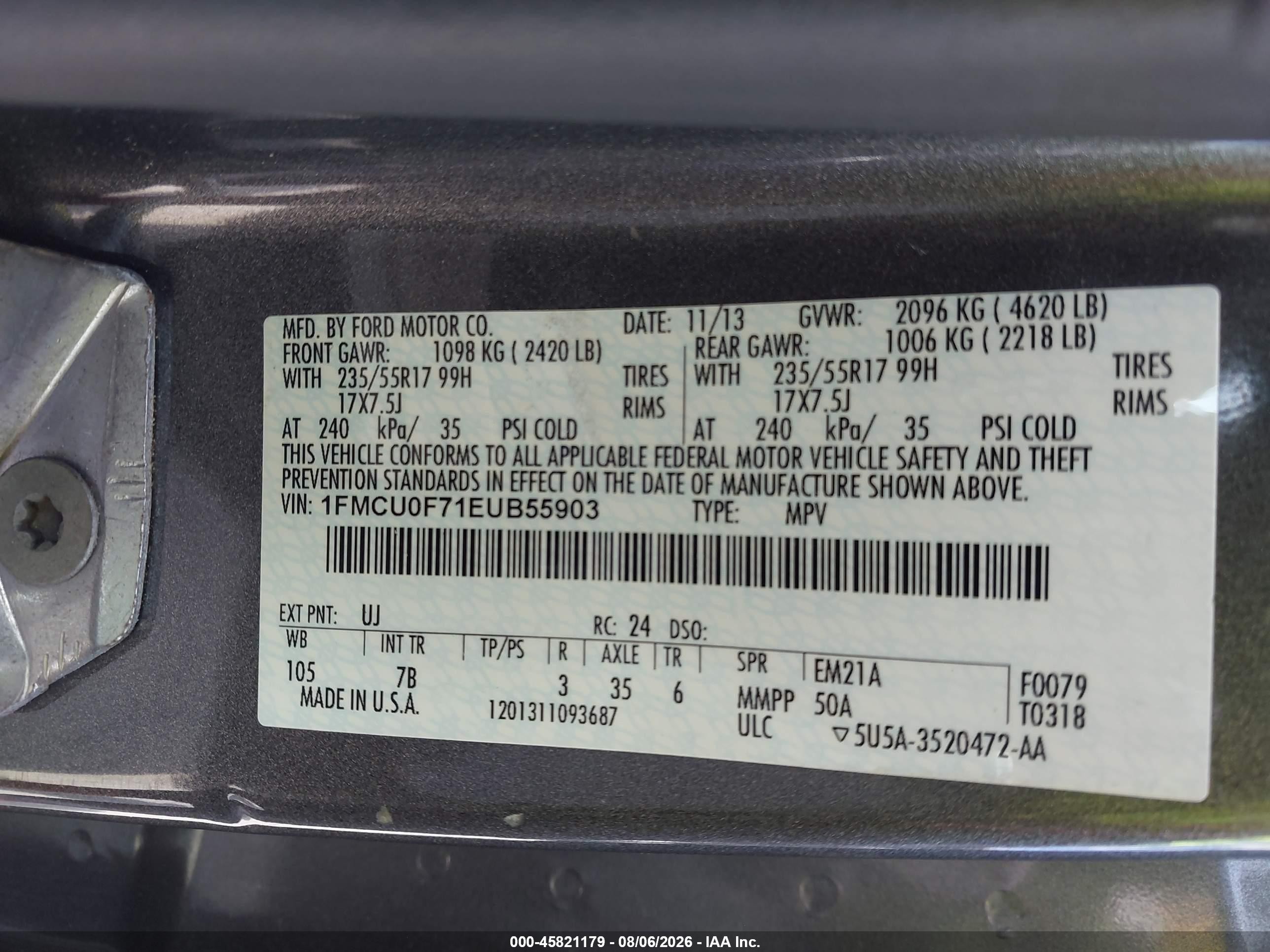 2014 Ford Escape S Серый vin: 1FMCU0F71EUB55903