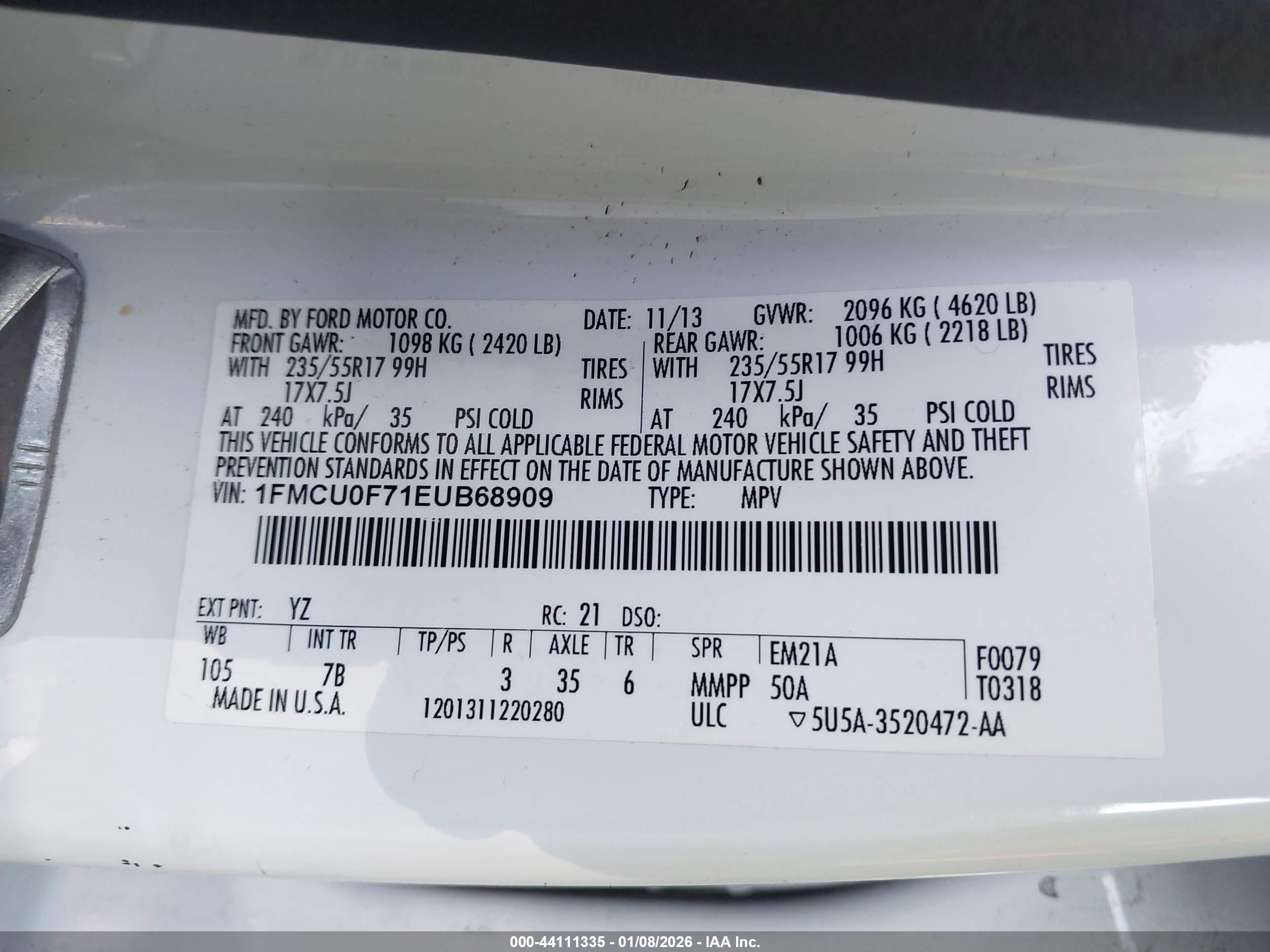 2014 Ford Escape S White vin: 1FMCU0F71EUB68909