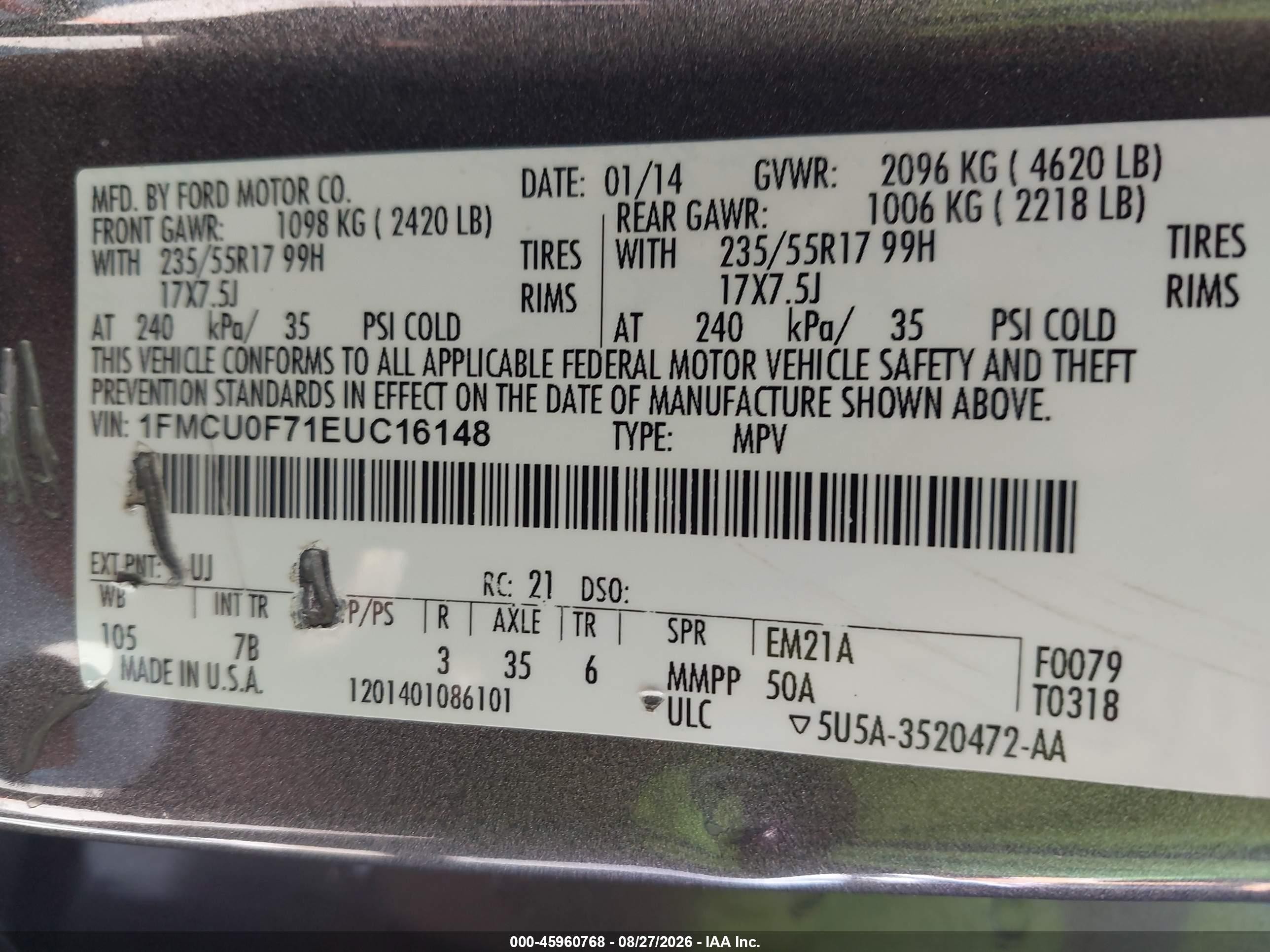 2014 Ford Escape S Gray vin: 1FMCU0F71EUC16148
