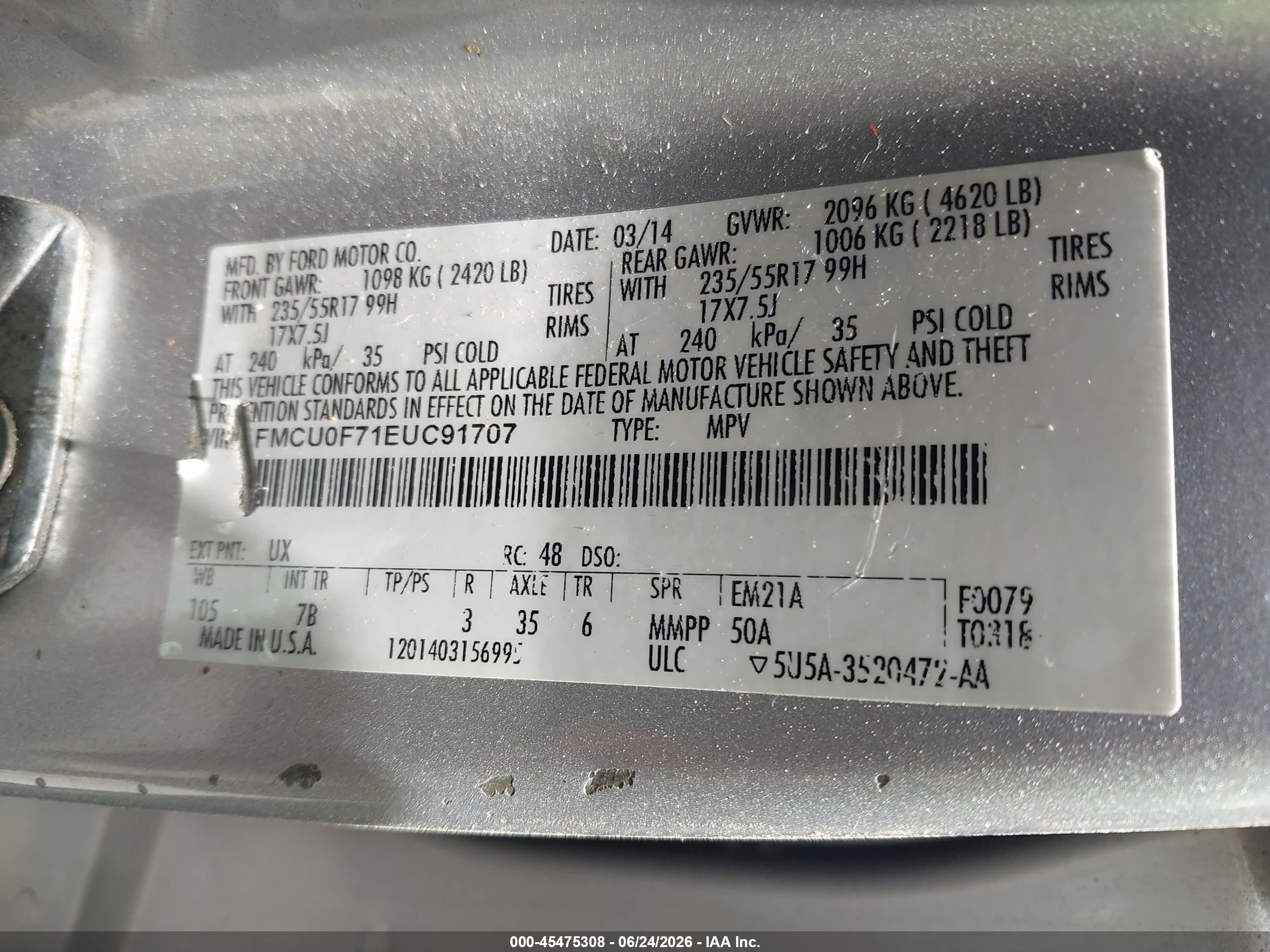 2014 Ford Escape S Gray vin: 1FMCU0F71EUC91707