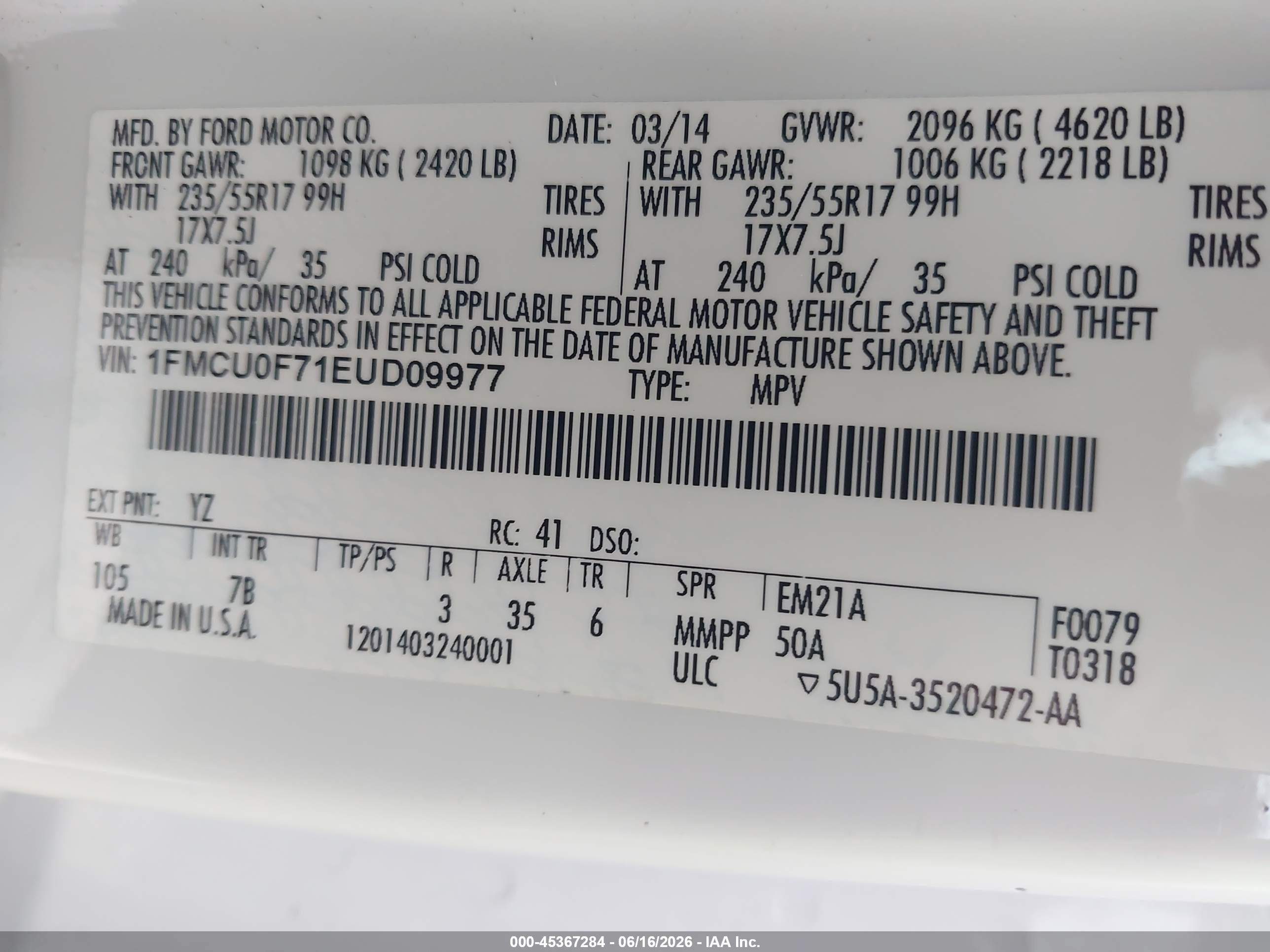 2014 Ford Escape S White vin: 1FMCU0F71EUD09977