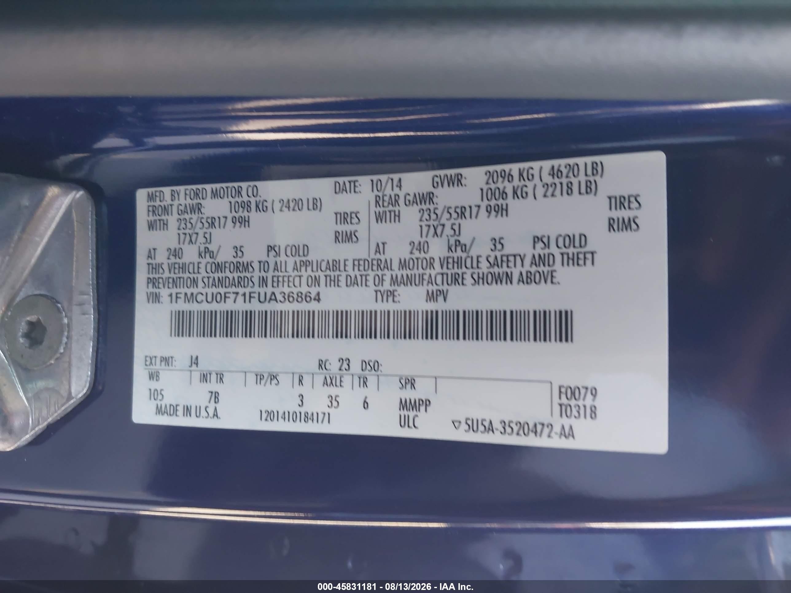 2015 Ford Escape S Blue vin: 1FMCU0F71FUA36864