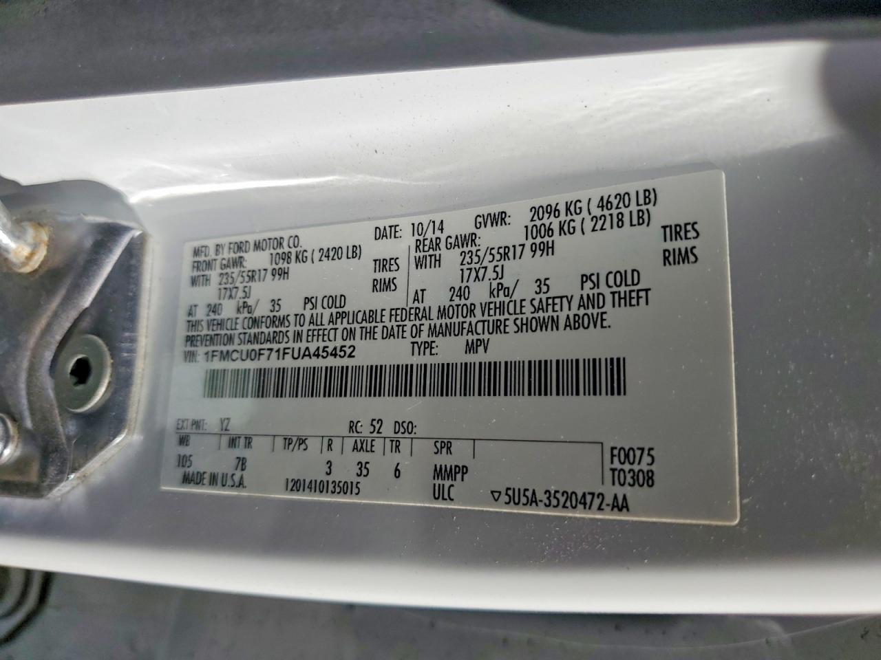 2015 Ford Escape White vin: 1FMCU0F71FUA45452