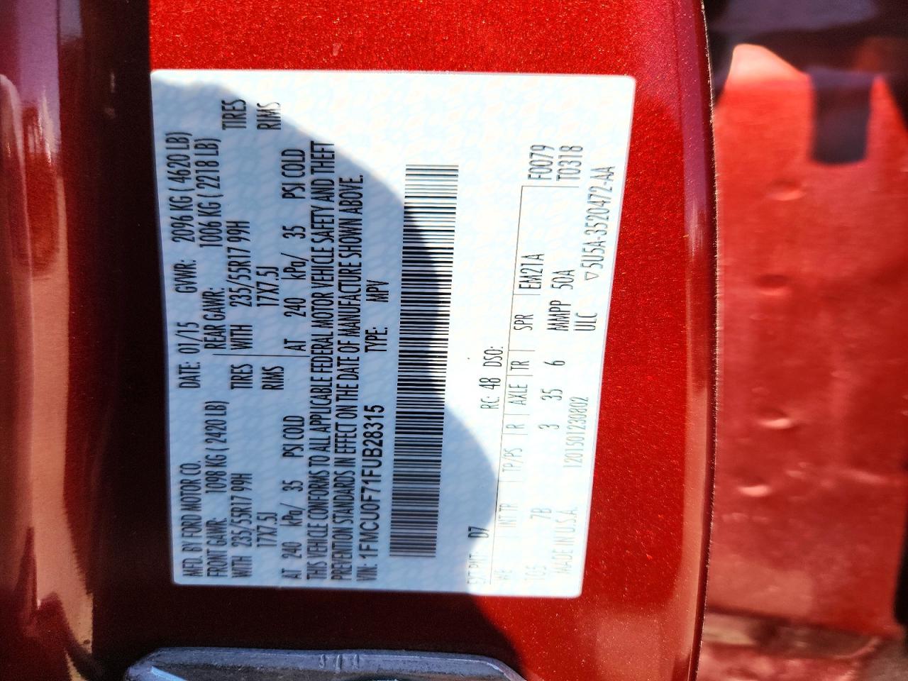 2015 Ford Escape S Red vin: 1FMCU0F71FUB28315