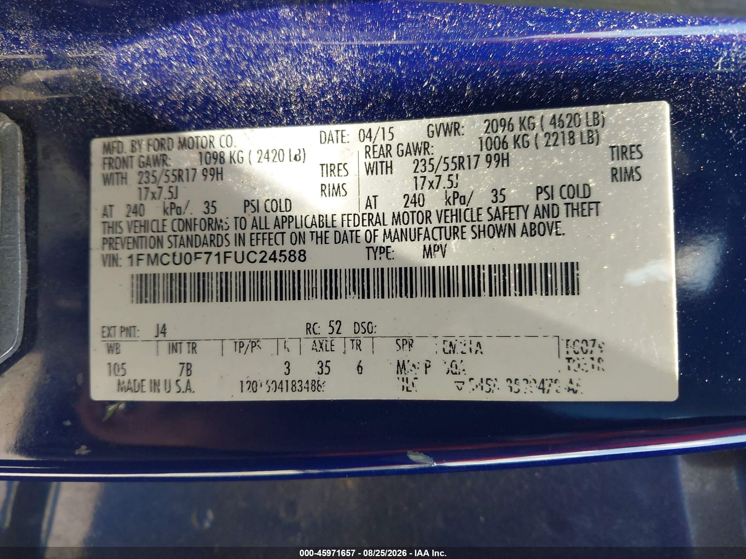 2015 Ford Escape S Синий vin: 1FMCU0F71FUC24588