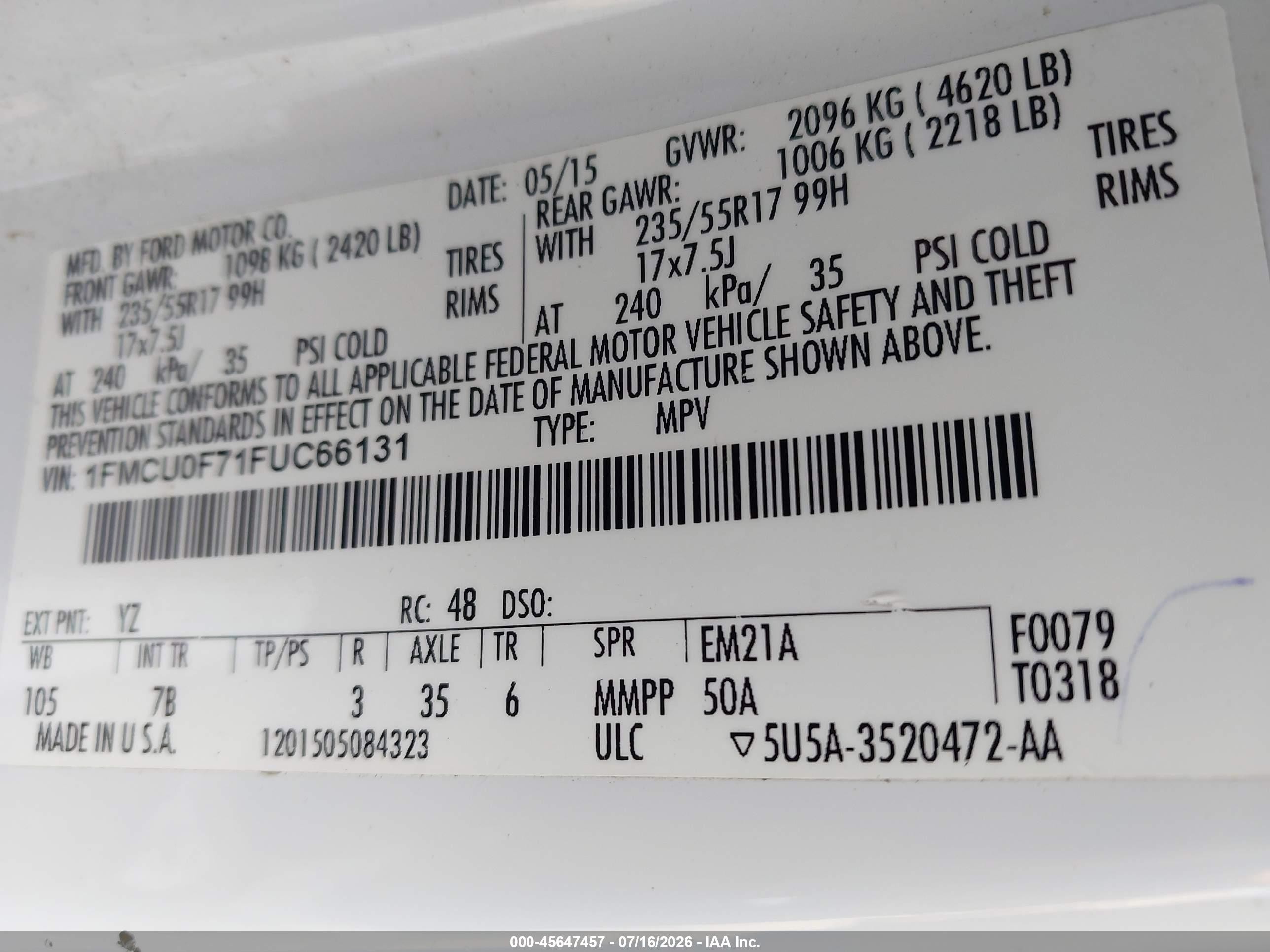 2015 Ford Escape S White vin: 1FMCU0F71FUC66131