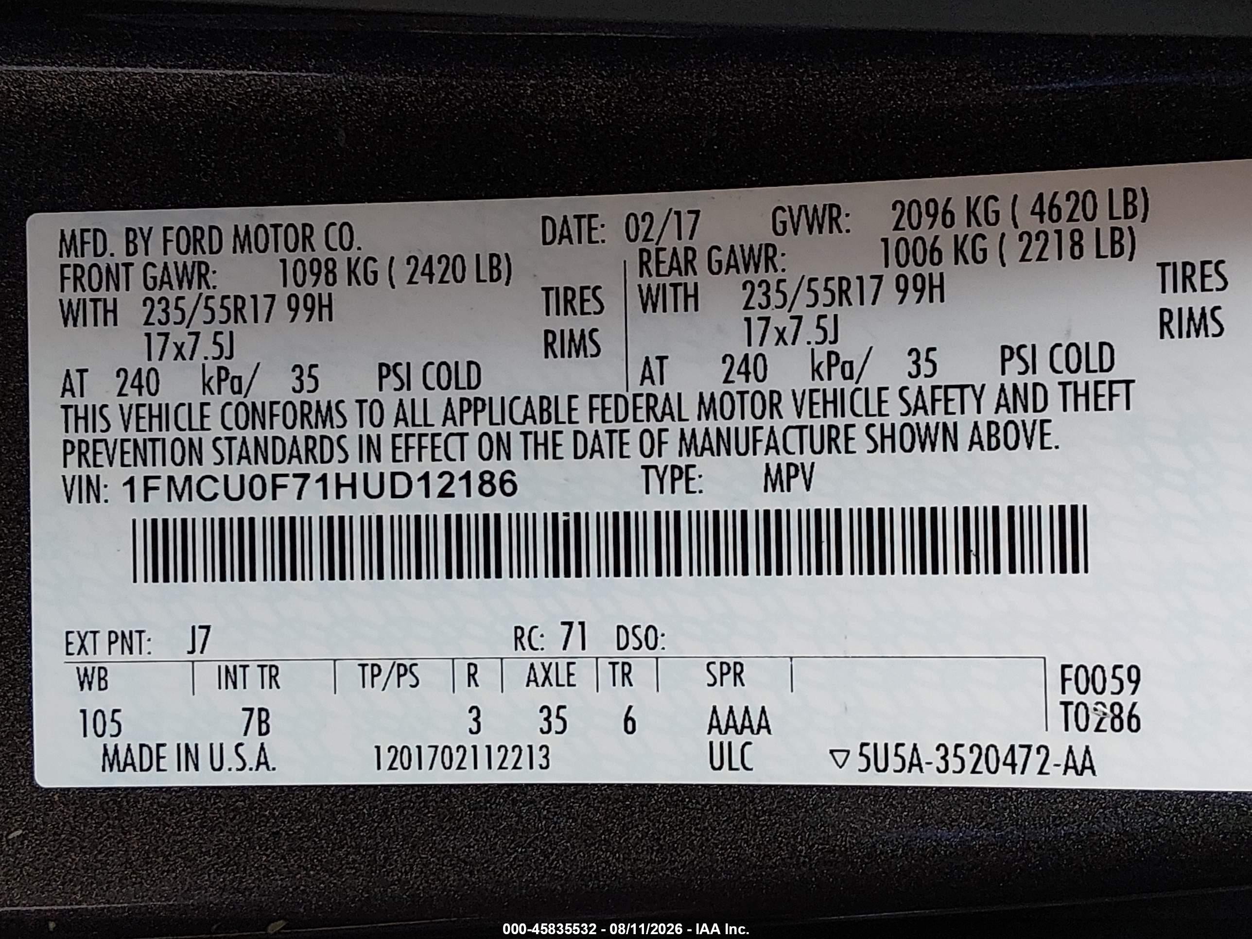 2017 Ford Escape S Gray vin: 1FMCU0F71HUD12186