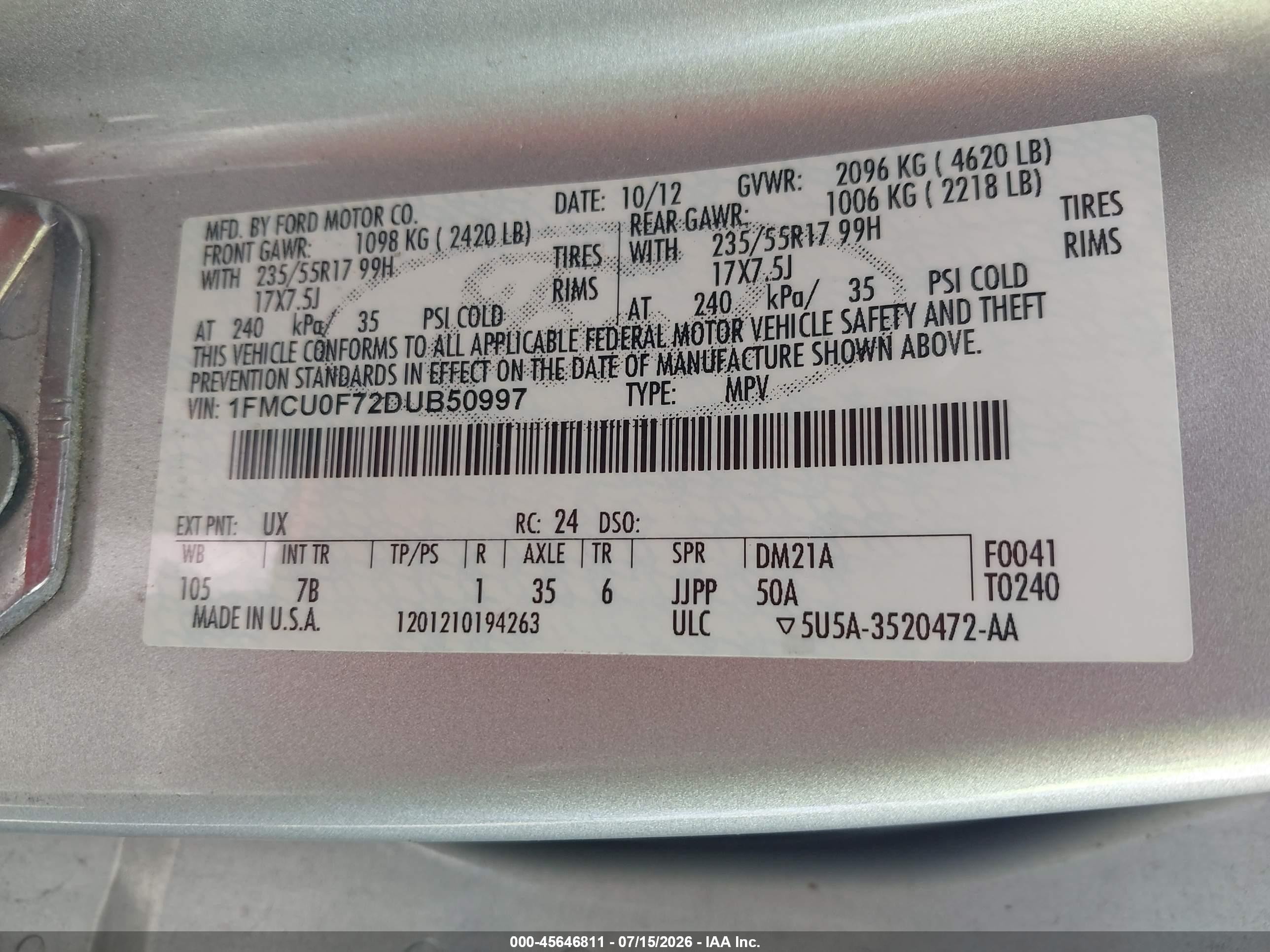 2013 Ford Escape S Silver vin: 1FMCU0F72DUB50997
