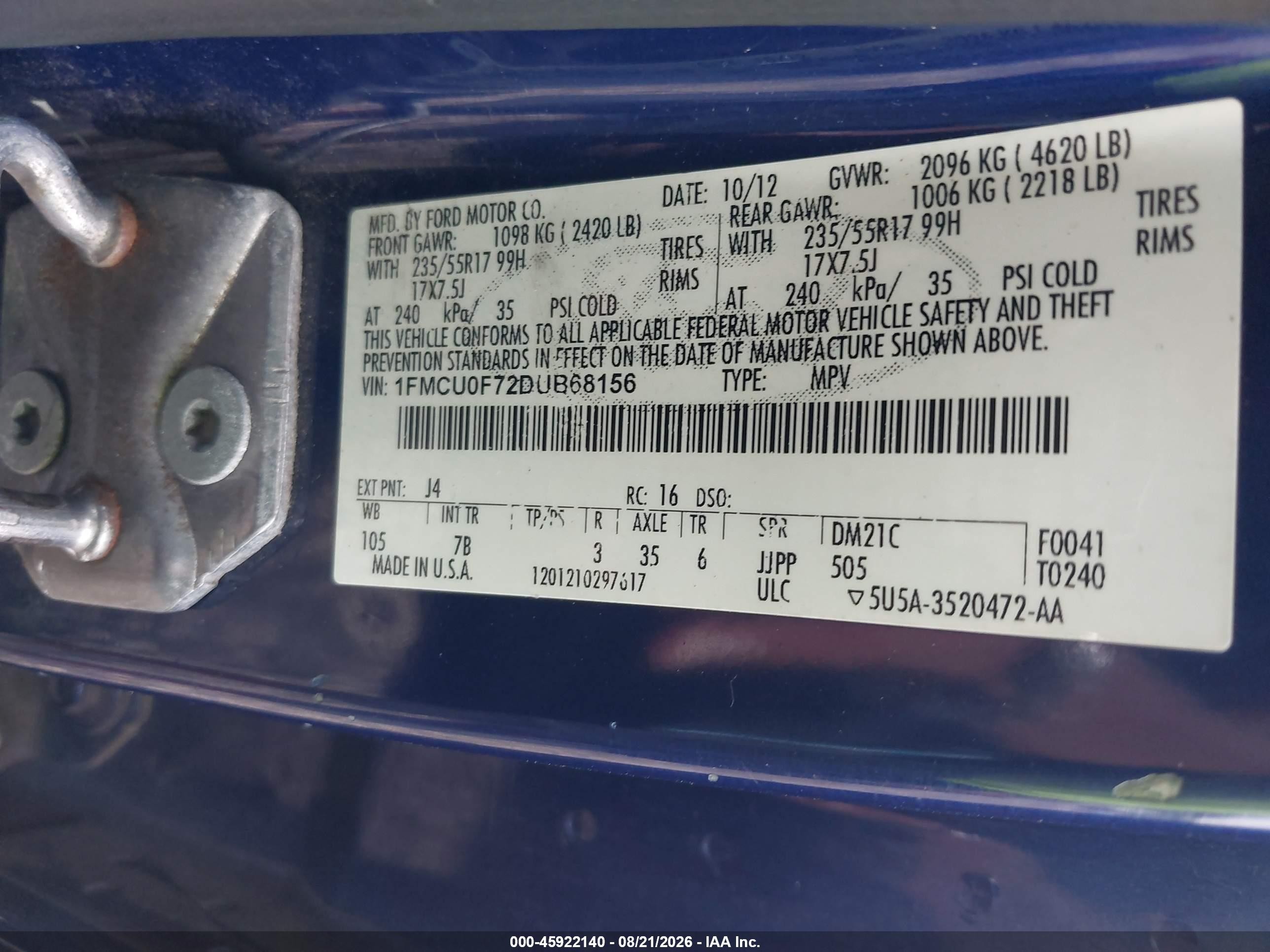 2013 Ford Escape S Blue vin: 1FMCU0F72DUB68156