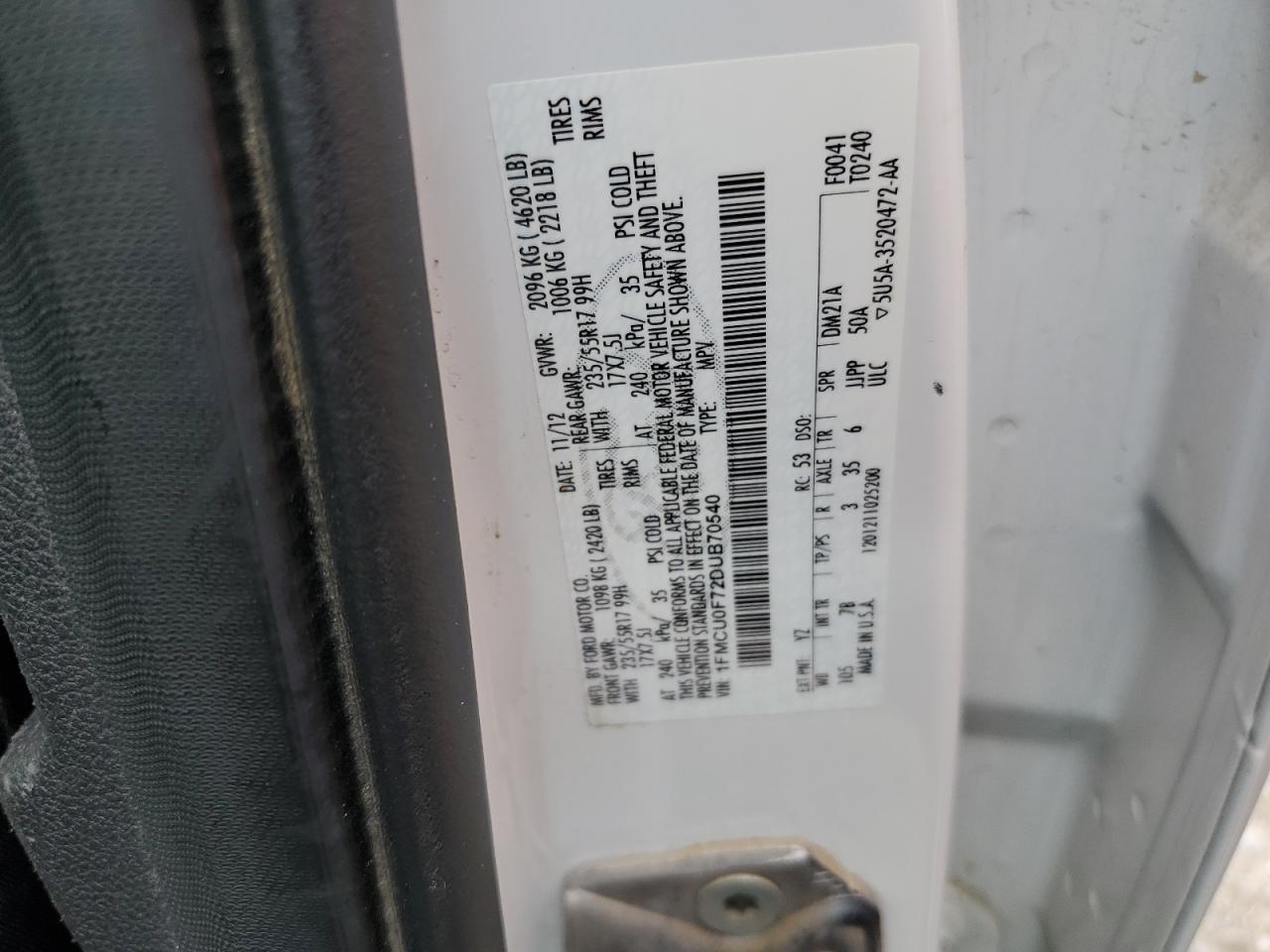 2013 Ford Escape S Burn vin: 1FMCU0F72DUB70540