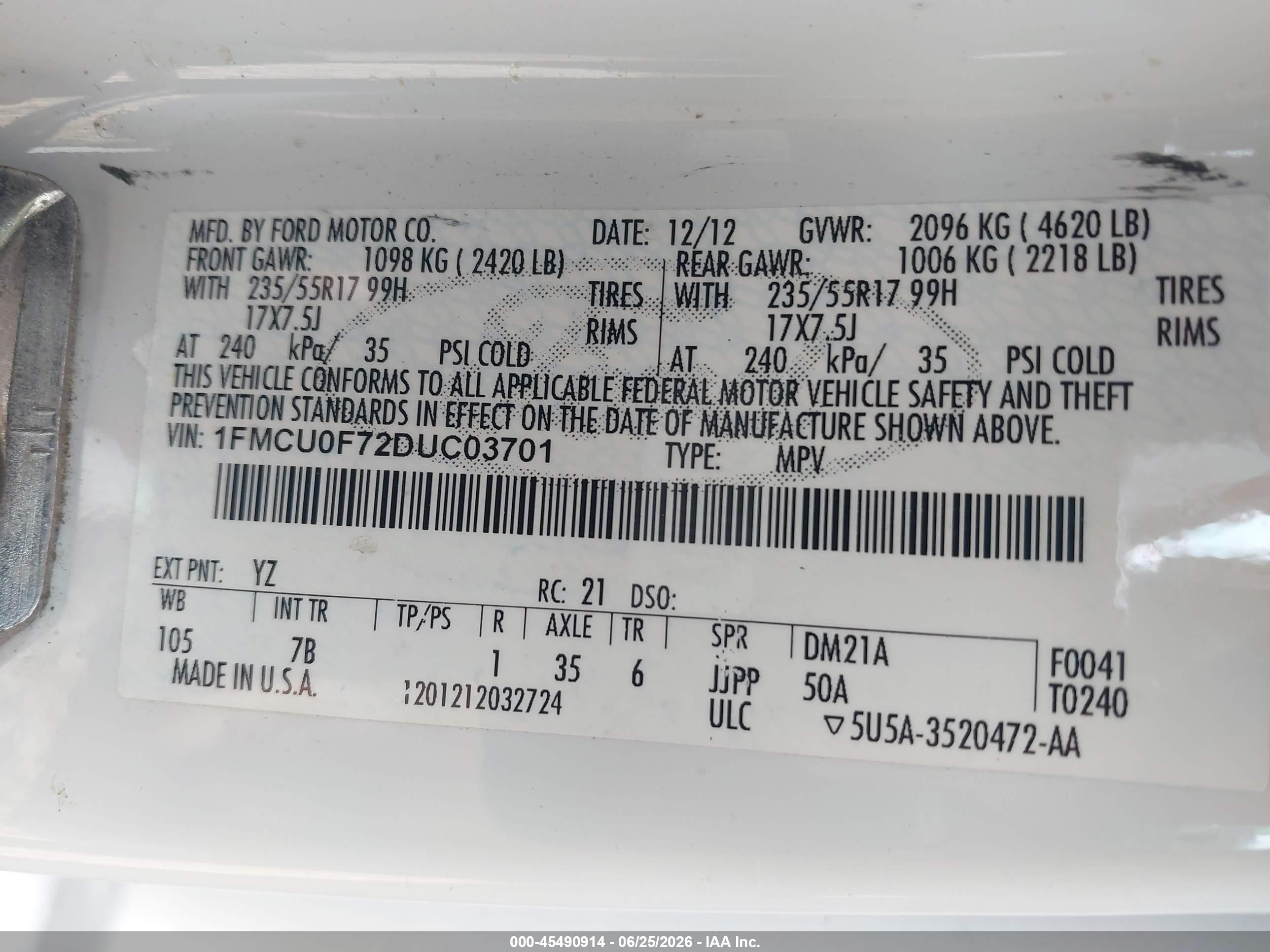 2013 Ford Escape S White vin: 1FMCU0F72DUC03701
