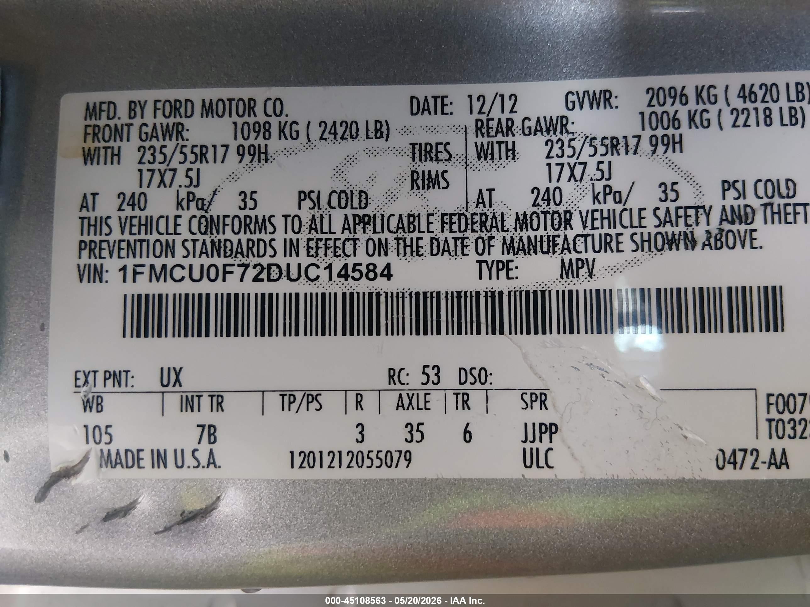 2013 Ford Escape S Серебряный vin: 1FMCU0F72DUC14584