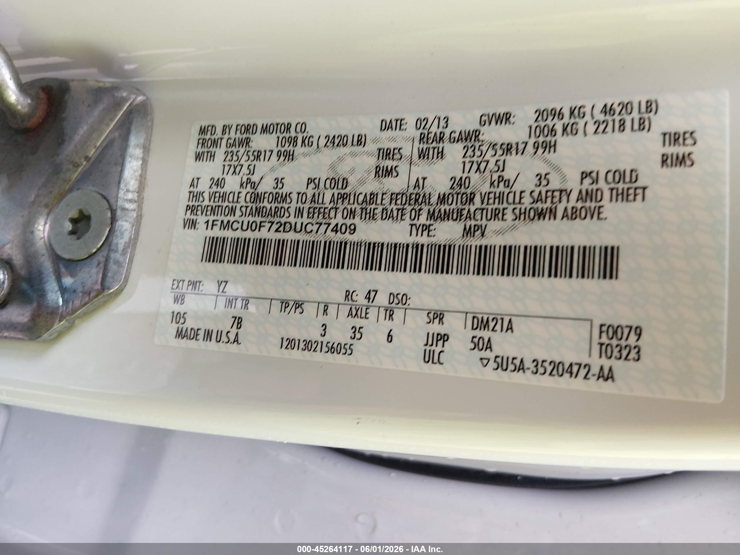 2013 Ford Escape S White vin: 1FMCU0F72DUC77409