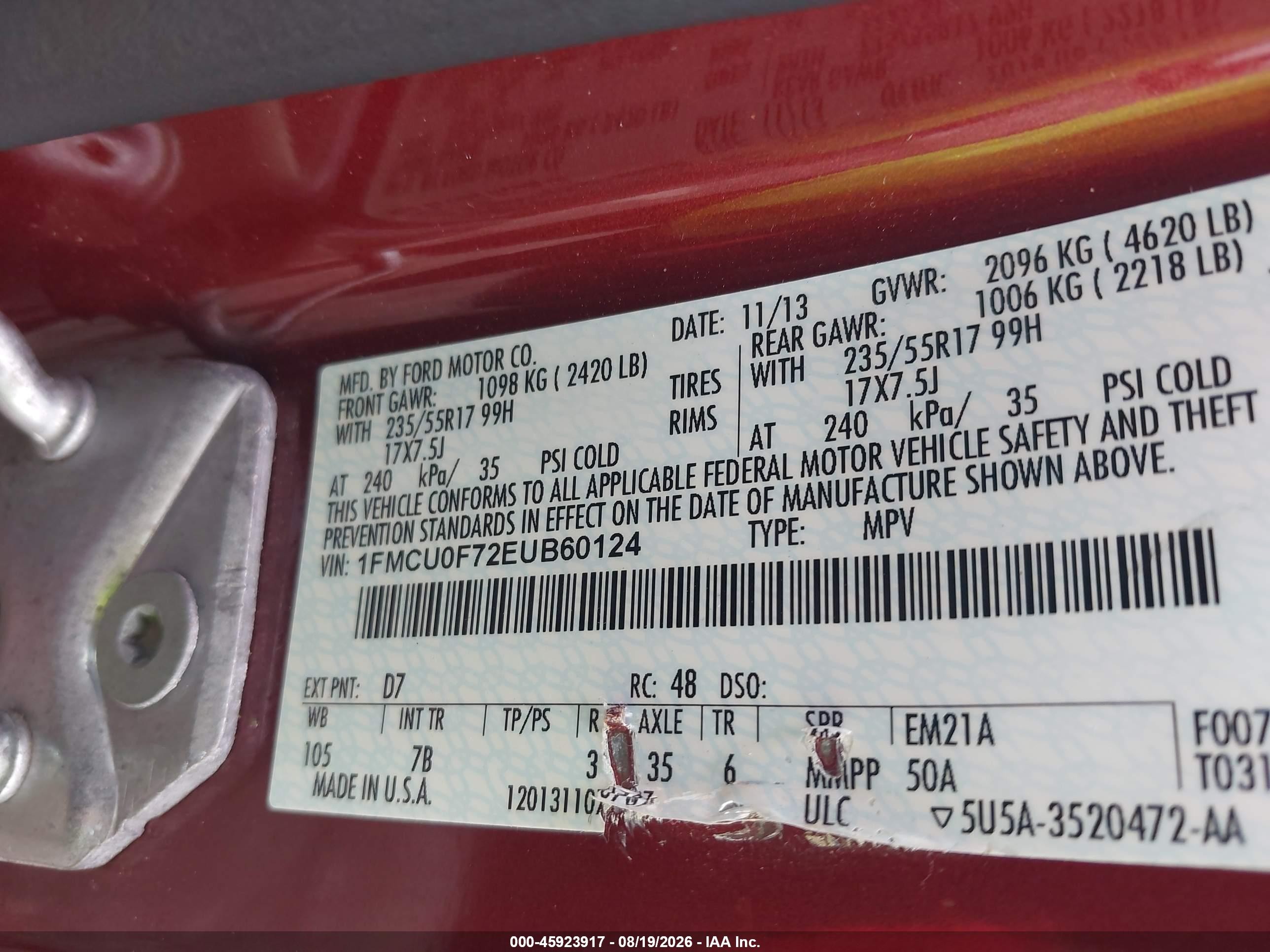 2014 Ford Escape S Orange vin: 1FMCU0F72EUB60124