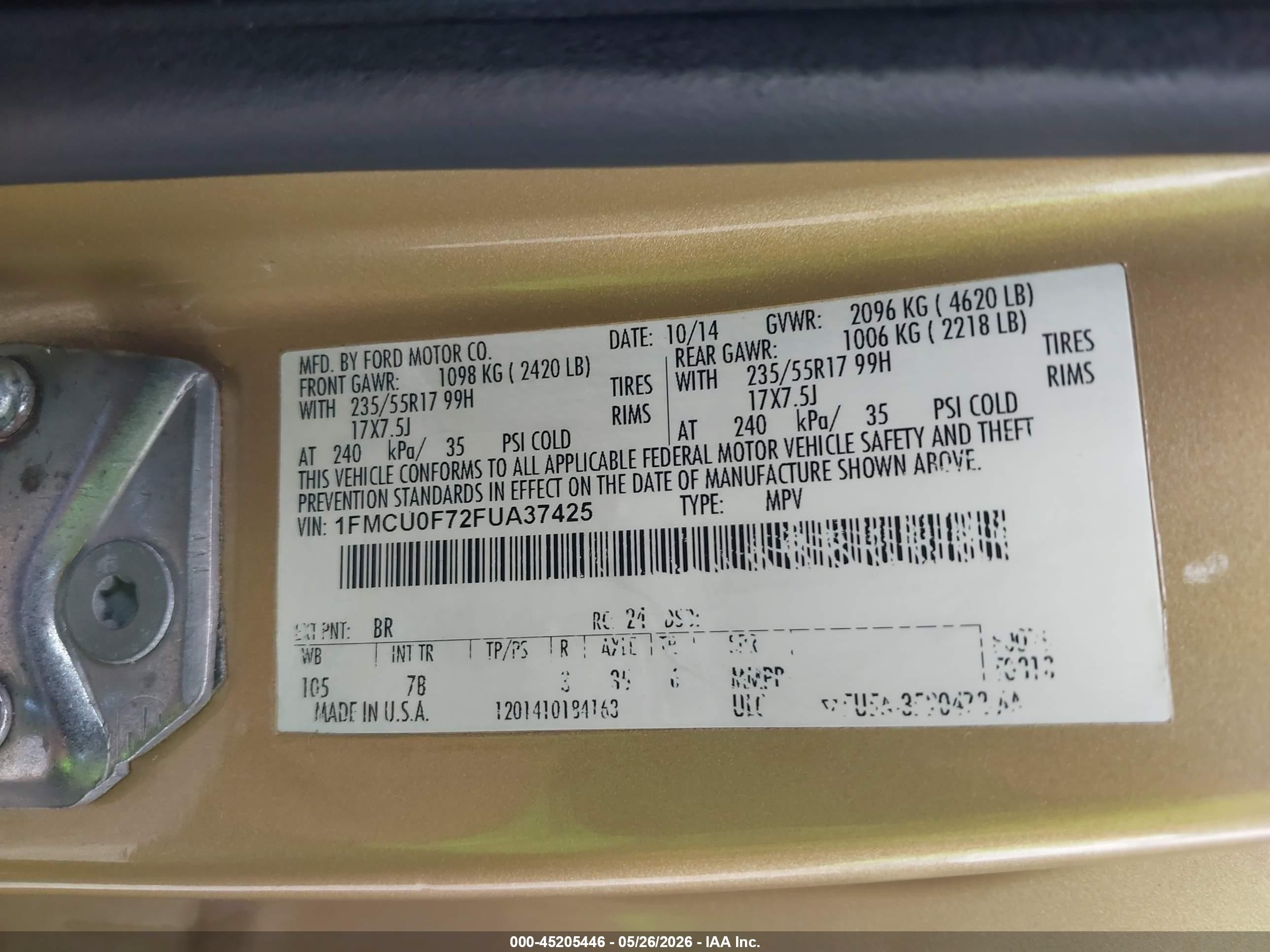 2015 Ford Escape S Gold vin: 1FMCU0F72FUA37425