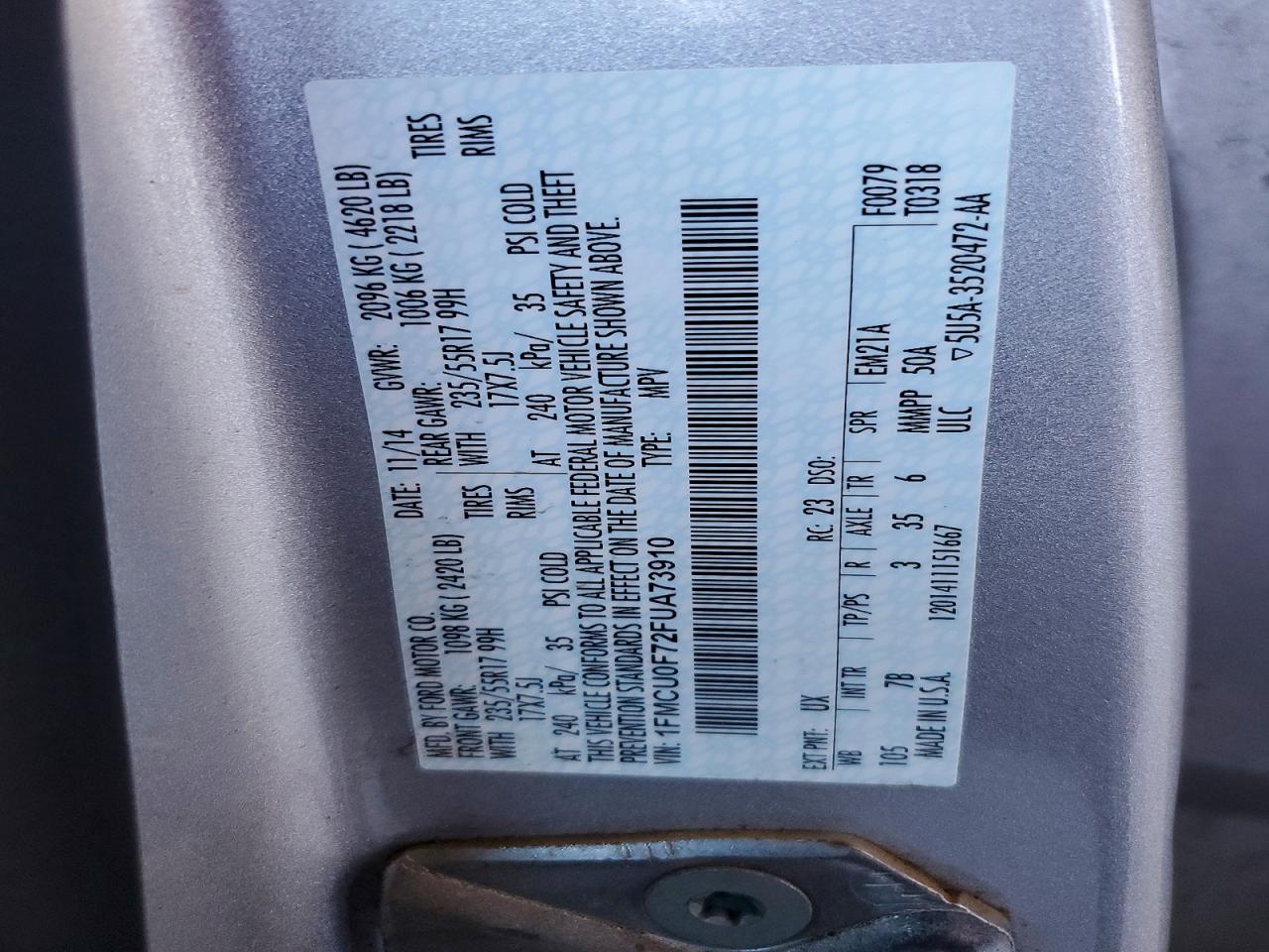 2015 Ford Escape Silver vin: 1FMCU0F72FUA73910