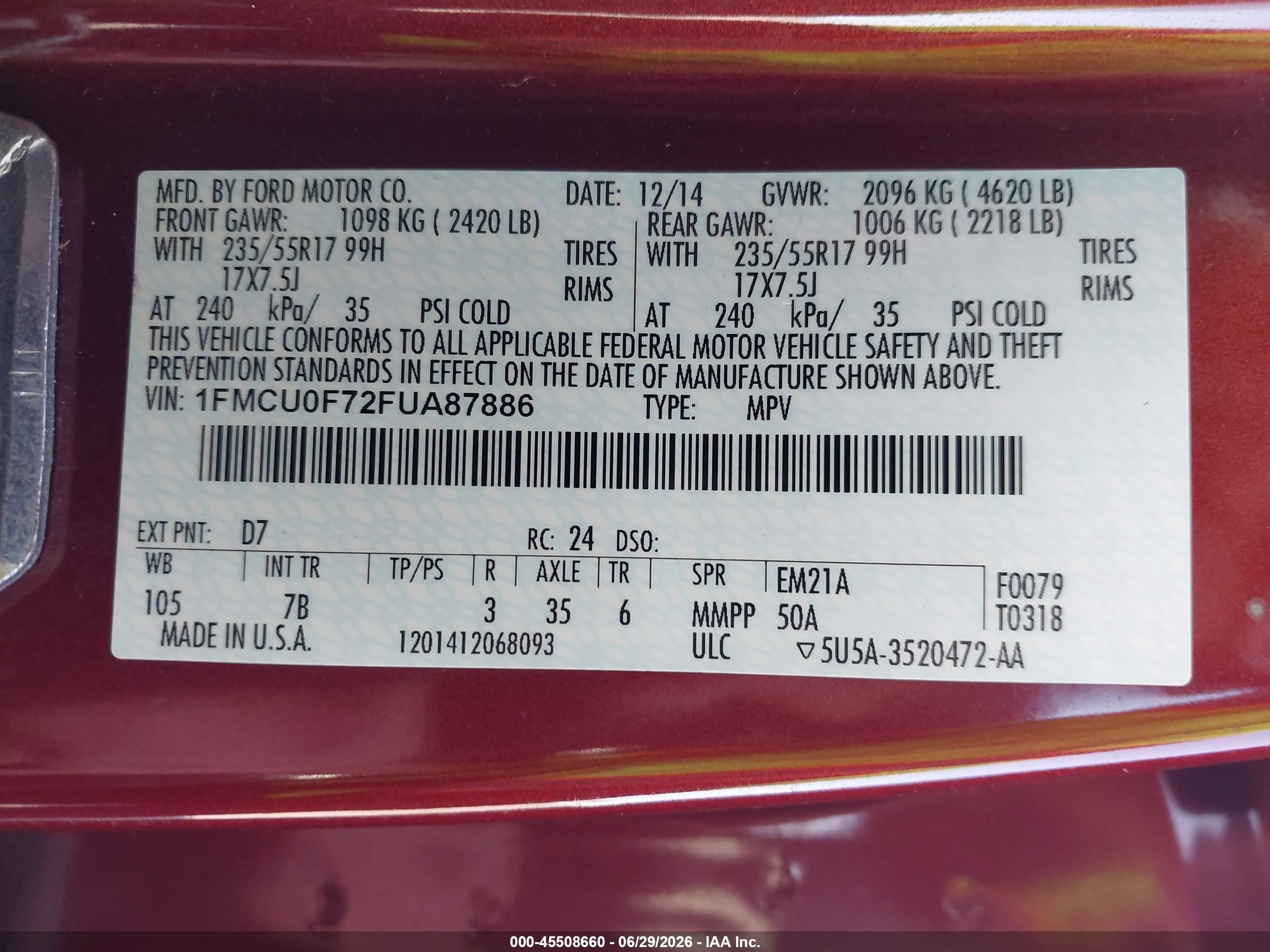 2015 Ford Escape S Burgundy vin: 1FMCU0F72FUA87886