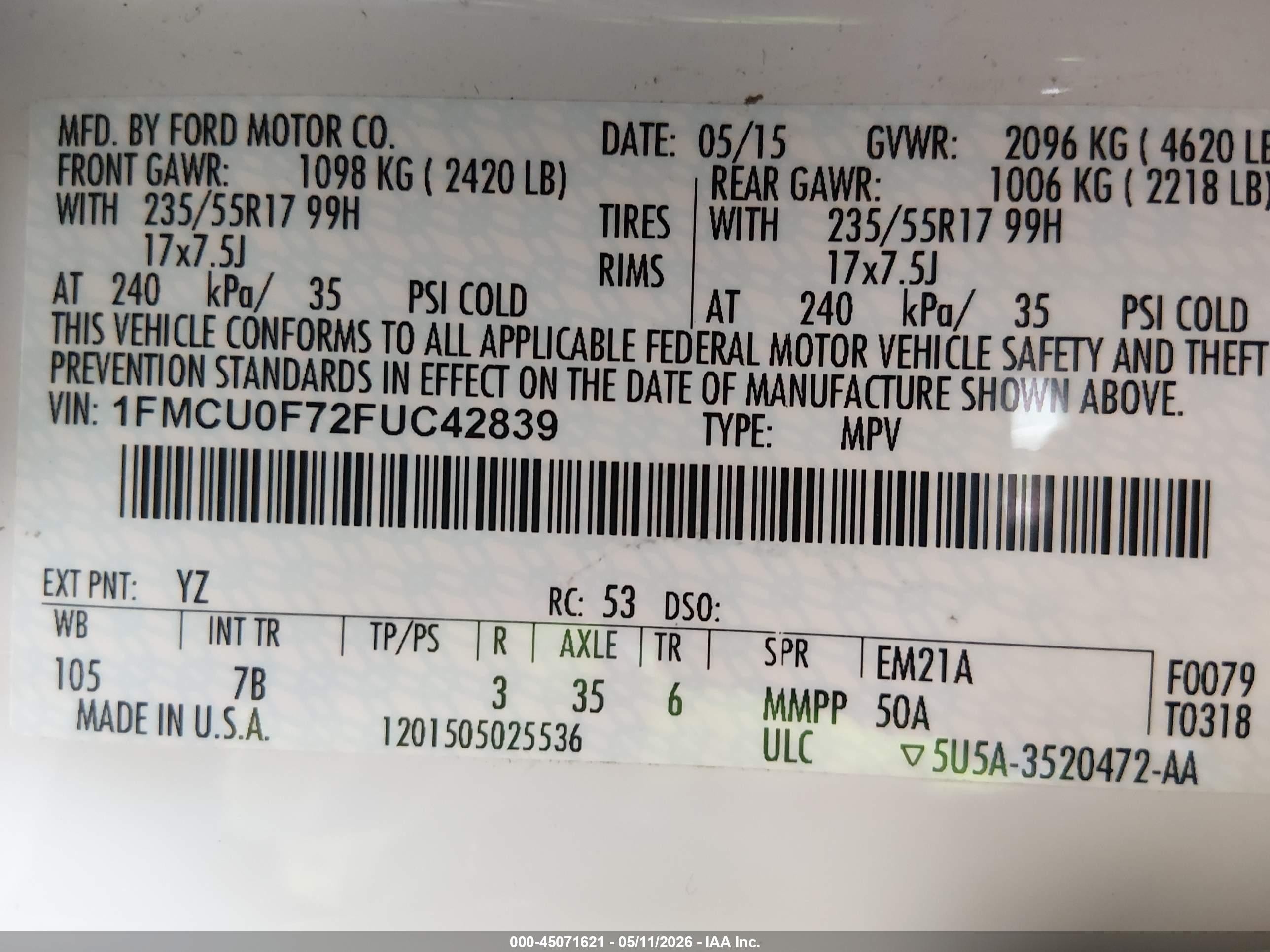 2015 Ford Escape S White vin: 1FMCU0F72FUC42839