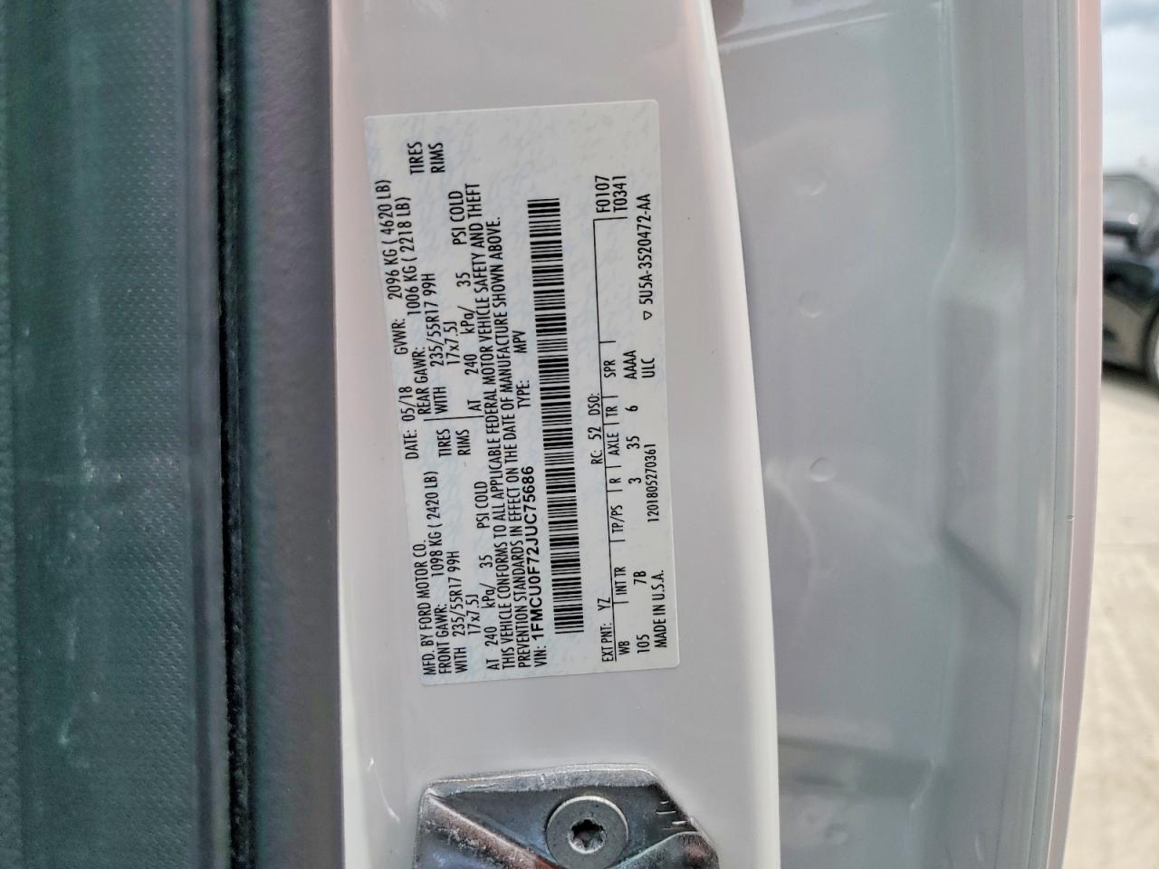 2018 Ford Escape S White vin: 1FMCU0F72JUC75686