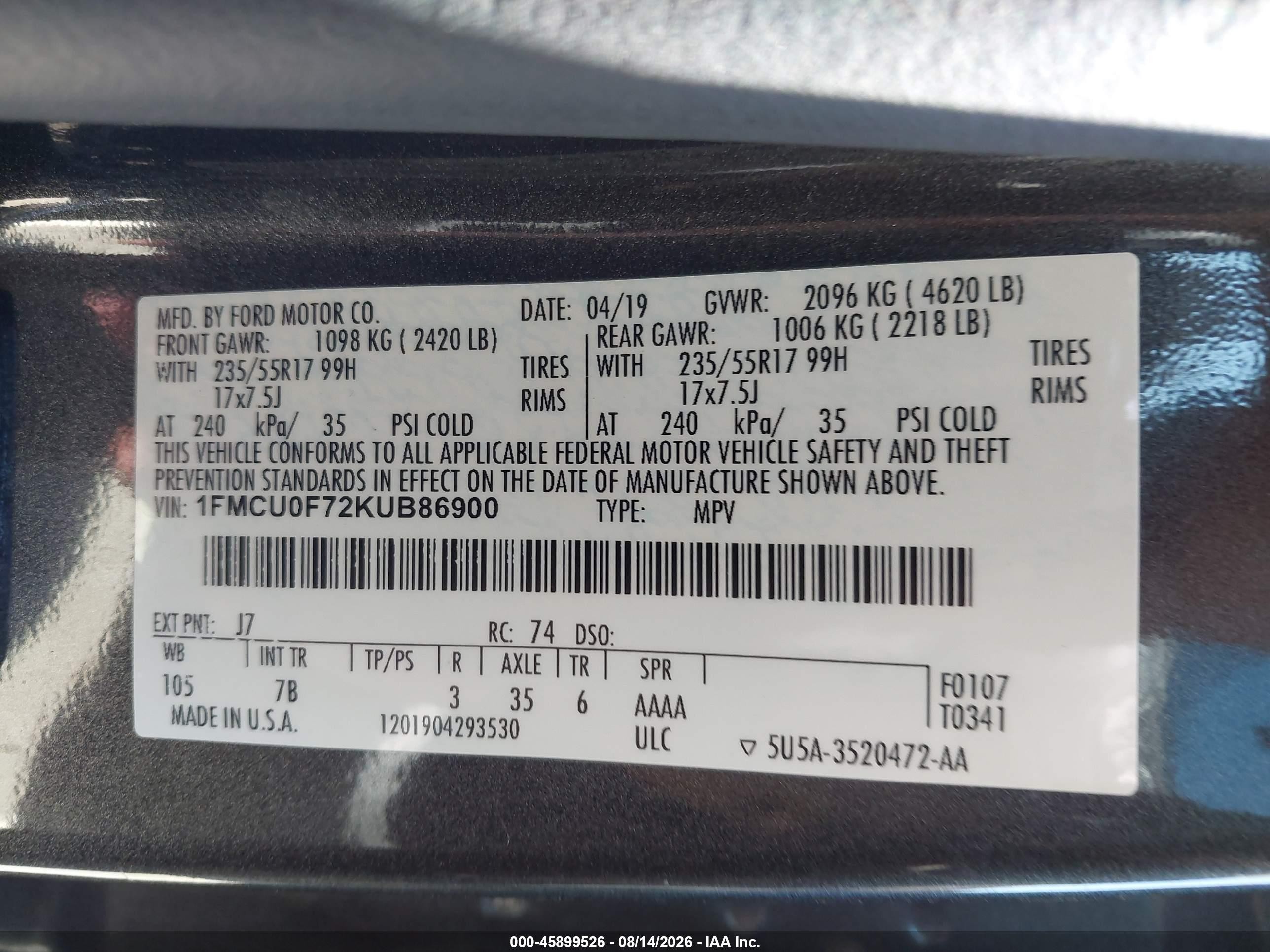 2019 Ford Escape S Gray vin: 1FMCU0F72KUB86900