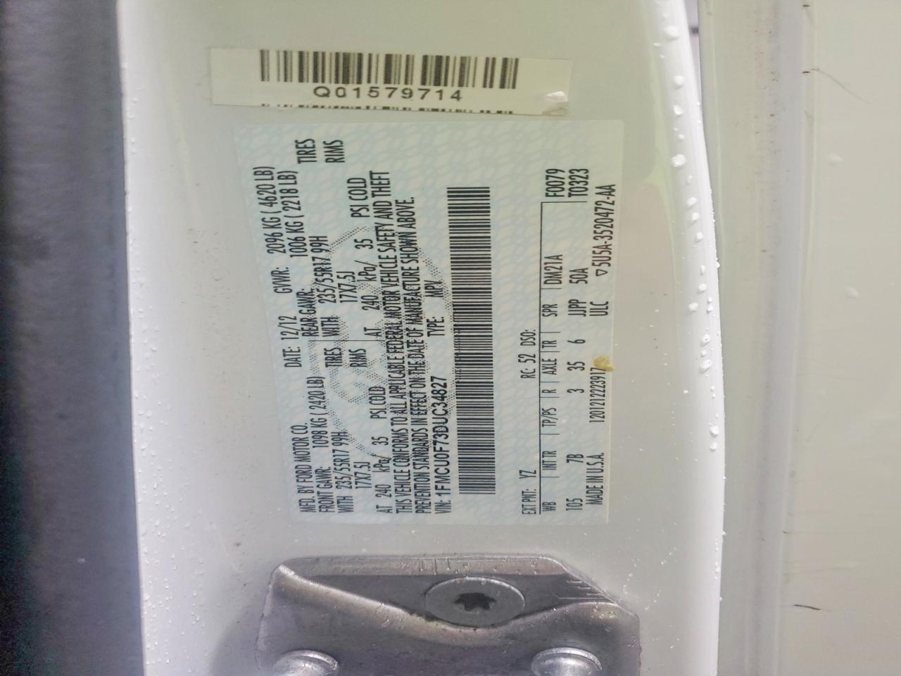 2013 Ford Escape S White vin: 1FMCU0F73DUC34827