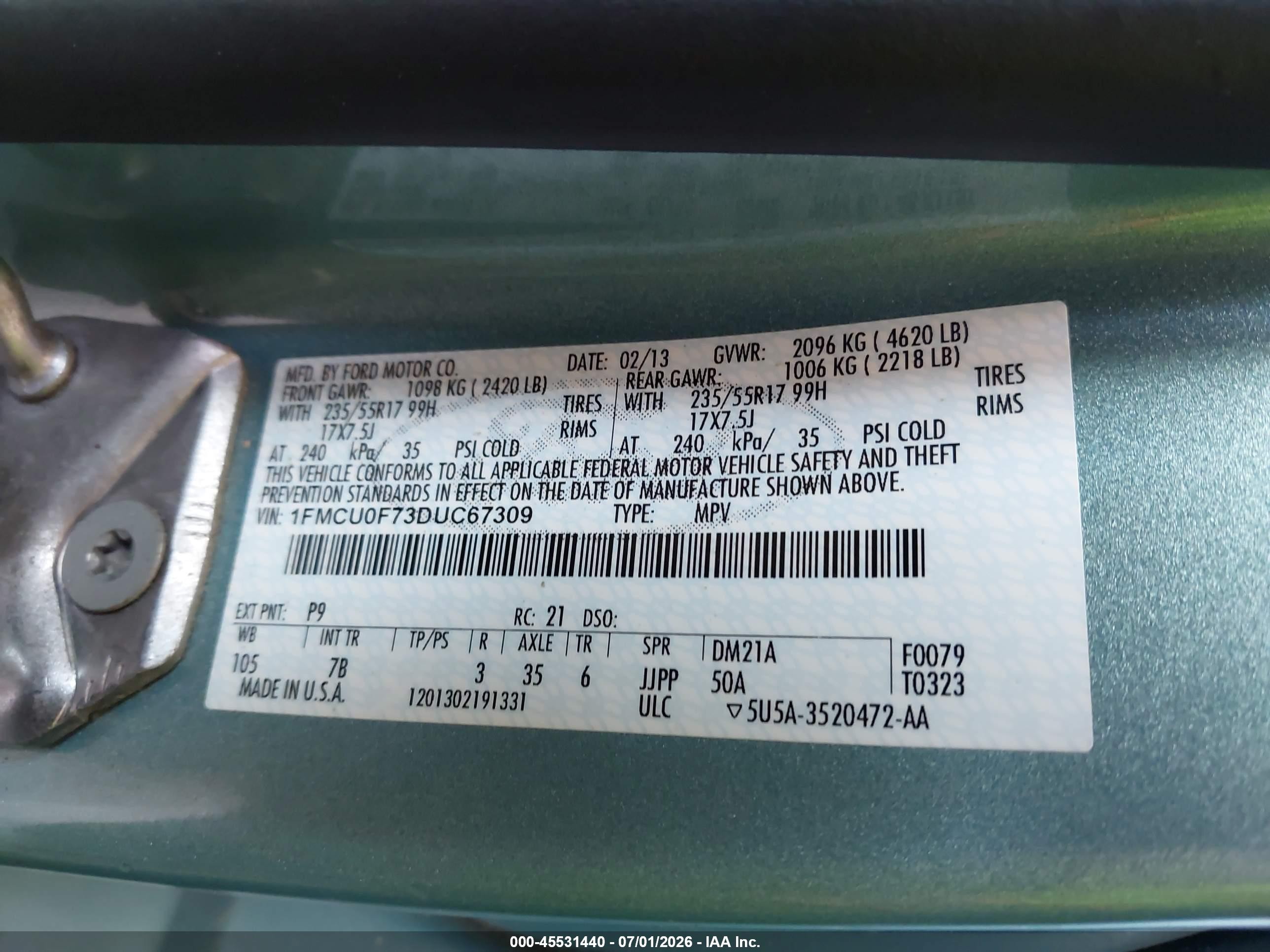 2013 Ford Escape S Teal vin: 1FMCU0F73DUC67309