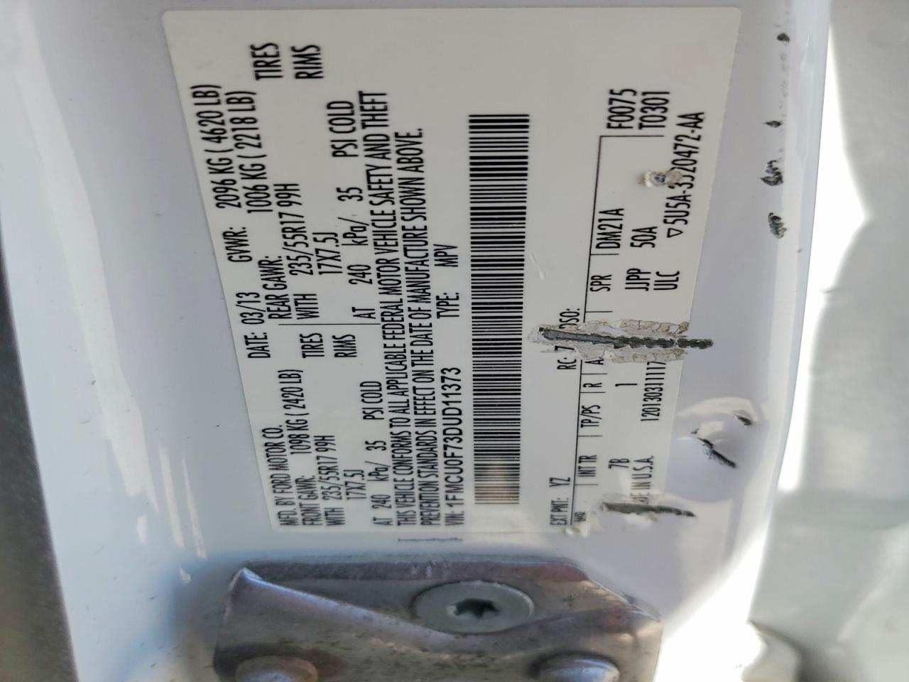 2013 Ford Escape S White vin: 1FMCU0F73DUD11373