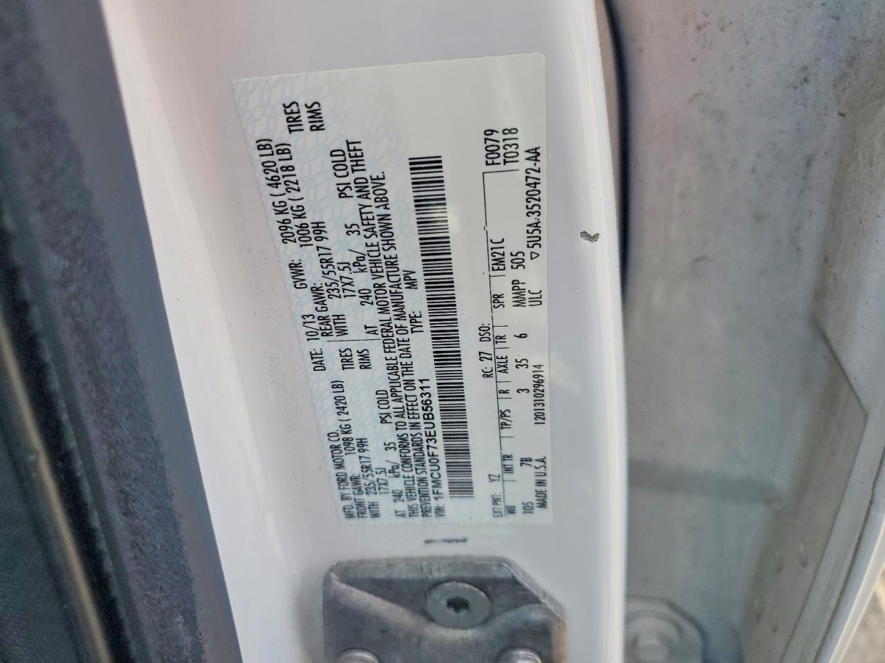 2014 Ford Escape White vin: 1FMCU0F73EUB56311