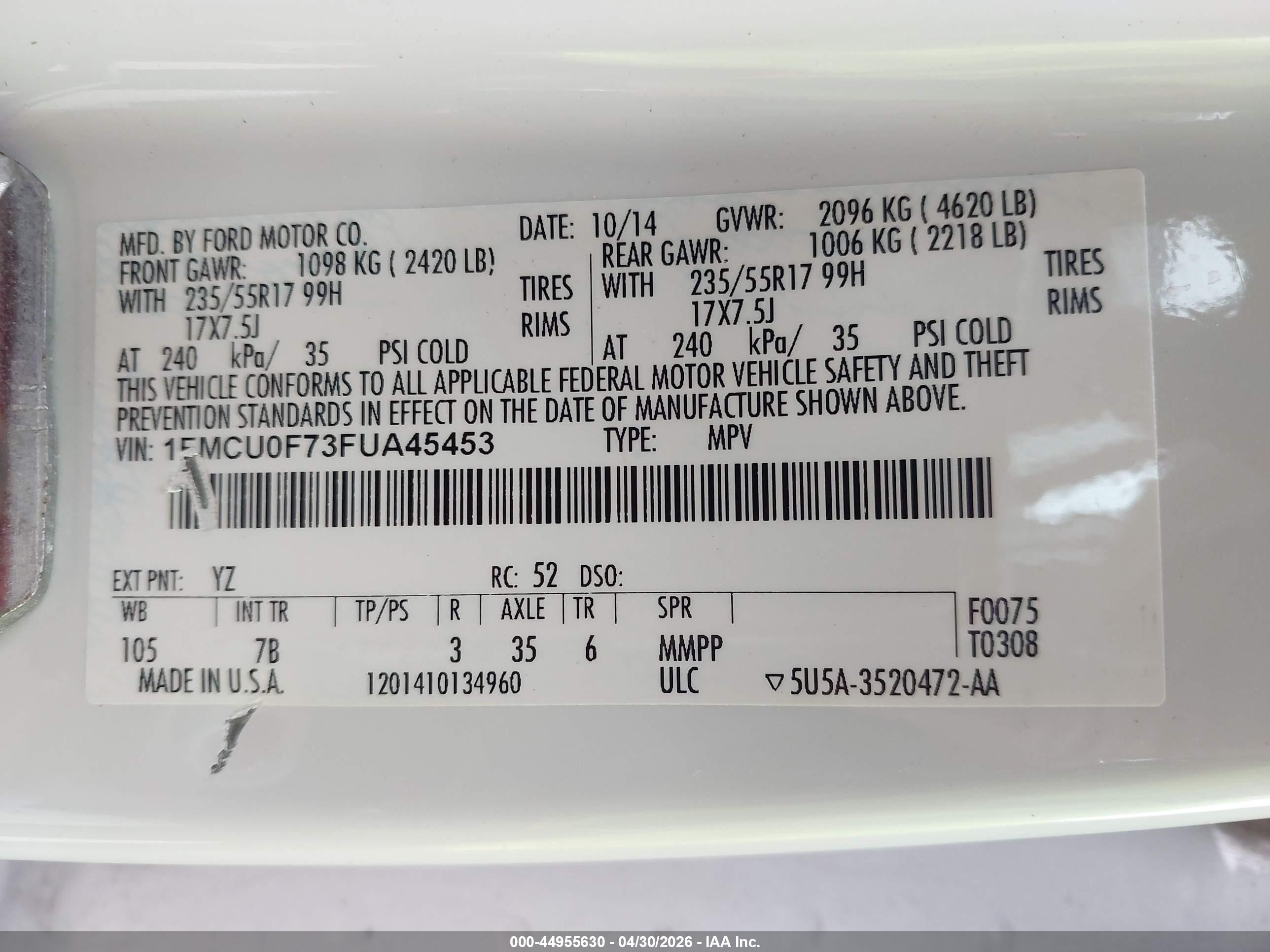 2015 Ford Escape S White vin: 1FMCU0F73FUA45453