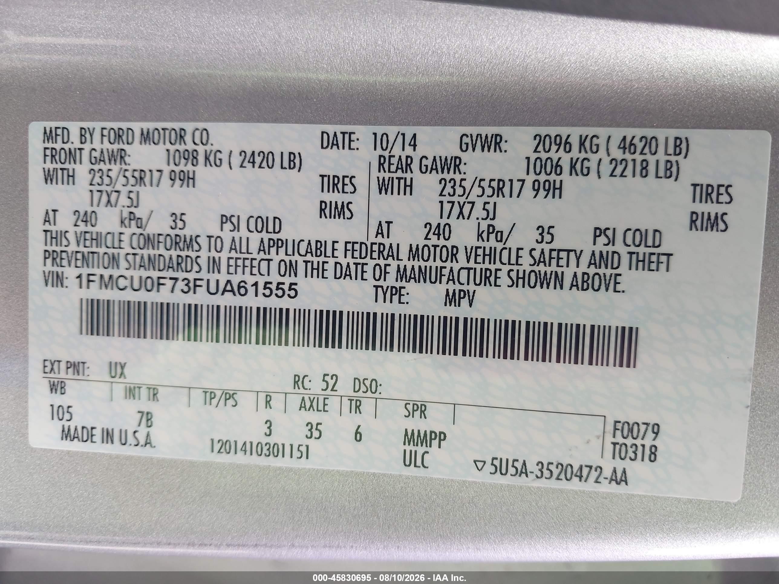 2015 Ford Escape S Silver vin: 1FMCU0F73FUA61555