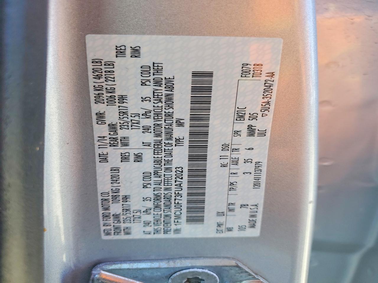 2015 Ford Escape S Silver vin: 1FMCU0F73FUA72023